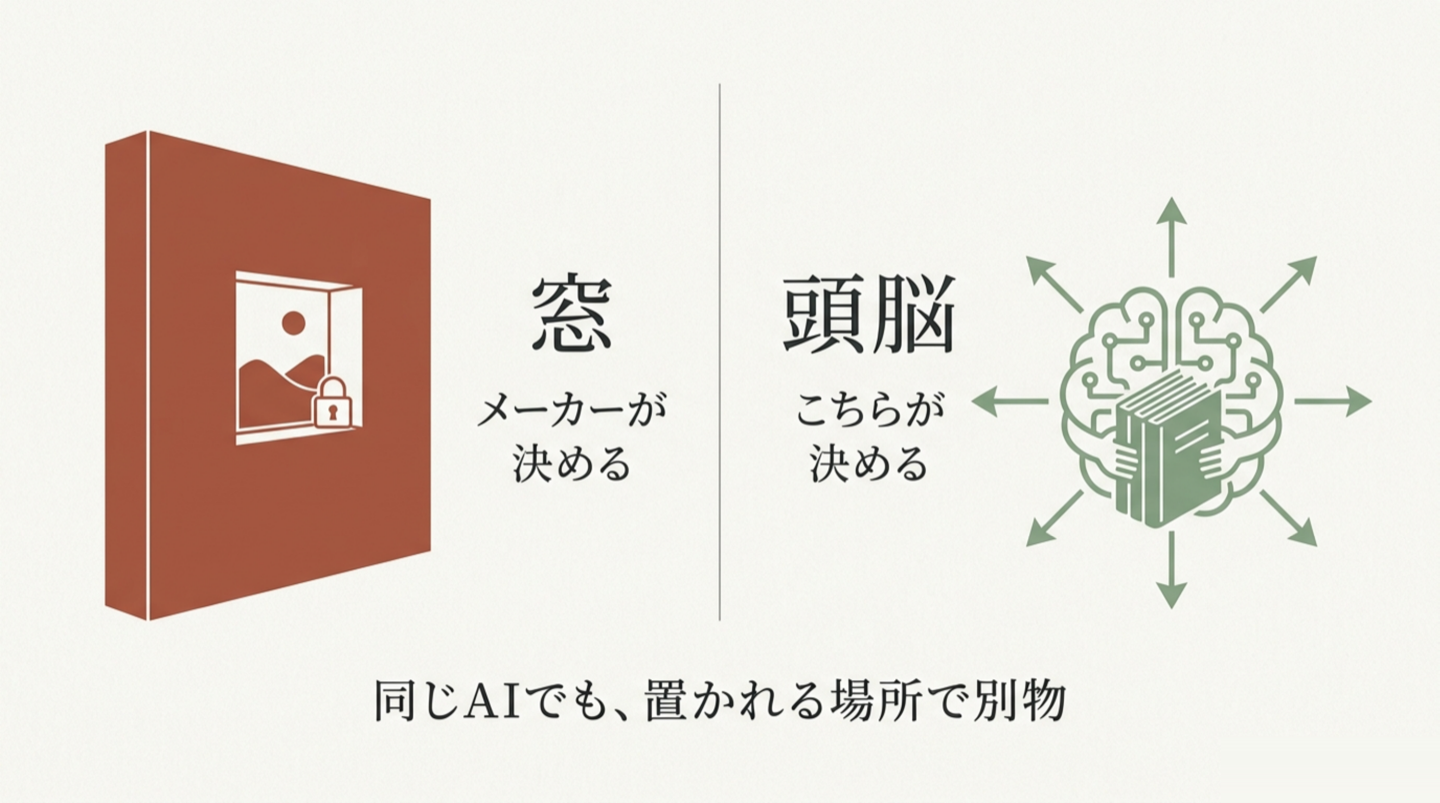 左に赤い壁の「窓」（メーカーが決める。鍵のついた小窓から風景が見える）、右に緑の「頭脳」（こちらが決める。帳簿を抱えた脳から矢印が八方へ伸びる）を並べた対比図。下に「同じAIでも、置かれる場所で別物」