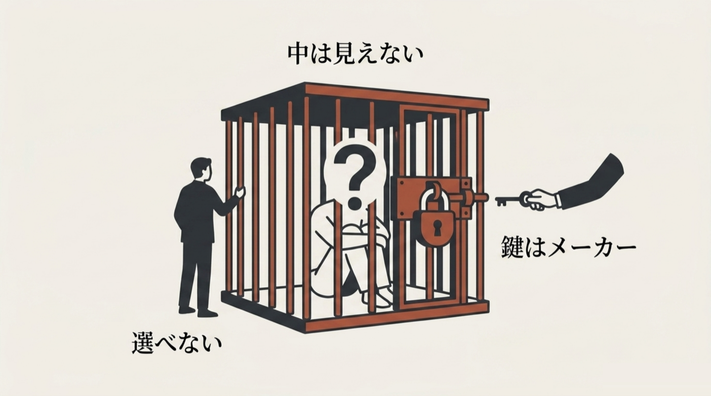 檻の中に「？」の姿のAIが座り、外に立つ利用者からは中が見えない図。錠前の鍵はメーカー側の手が持っている。「中は見えない」「選べない」「鍵はメーカー」