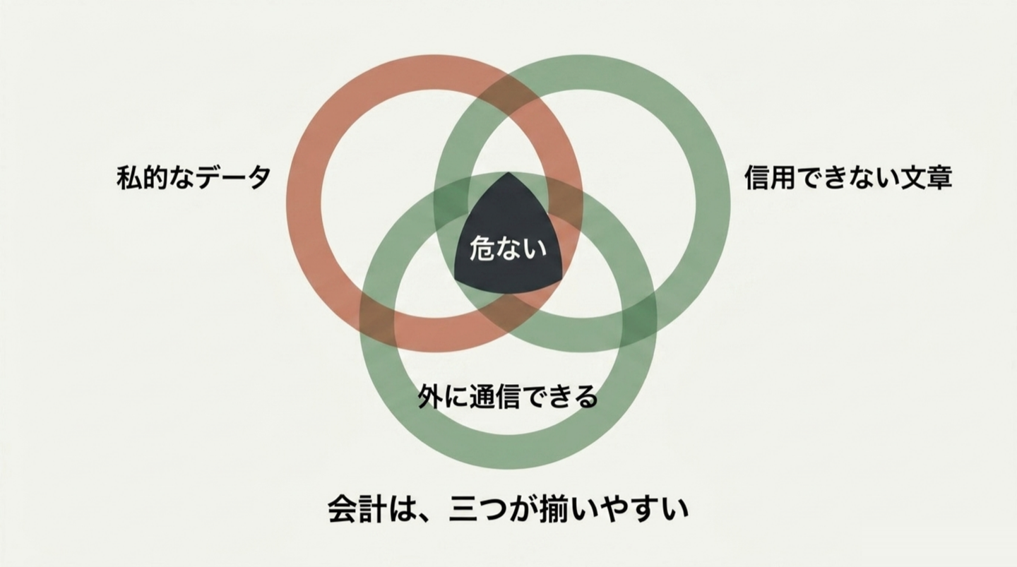 「私的なデータ」「信用できない文章」「外に通信できる」の三つの円が重なり、中心だけが「危ない」になるベン図。下に「会計は、三つが揃いやすい」