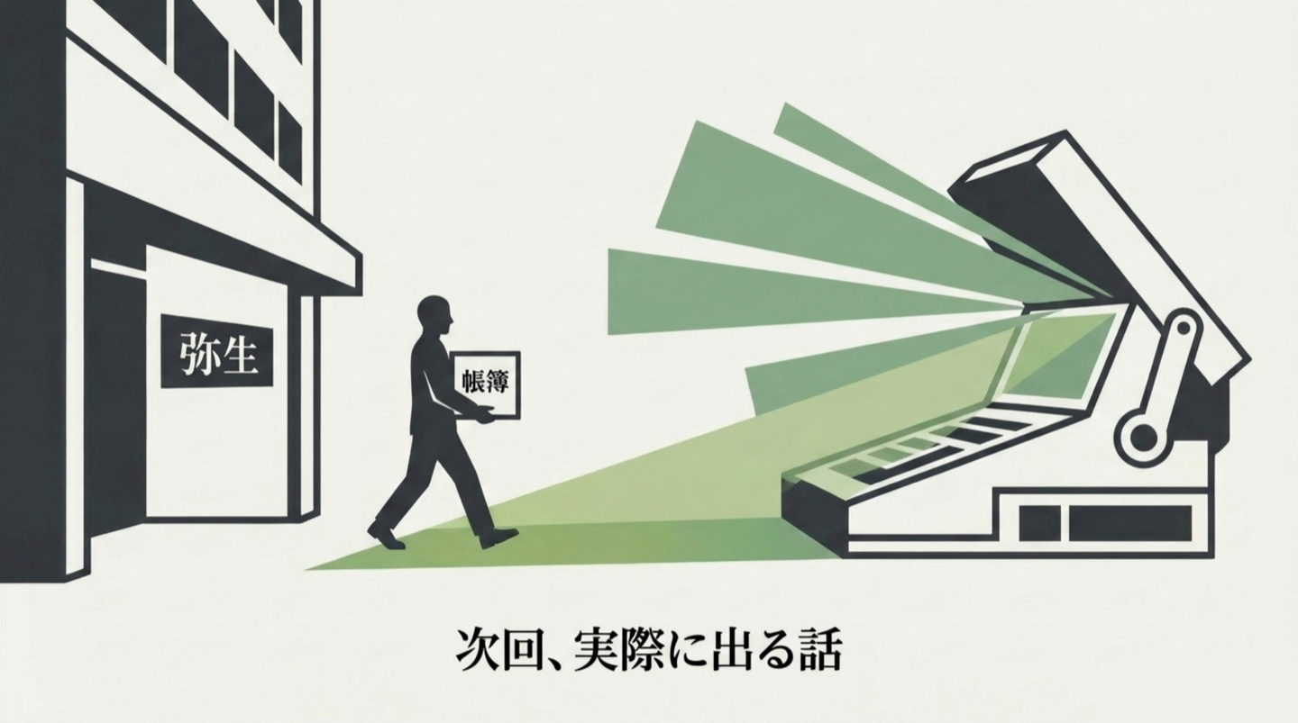 弥生の建物から帳簿の箱を抱えて外へ出ていく人と、外で待っている開いた計算機を描いた次回予告の図。下に「次回、実際に出る話」