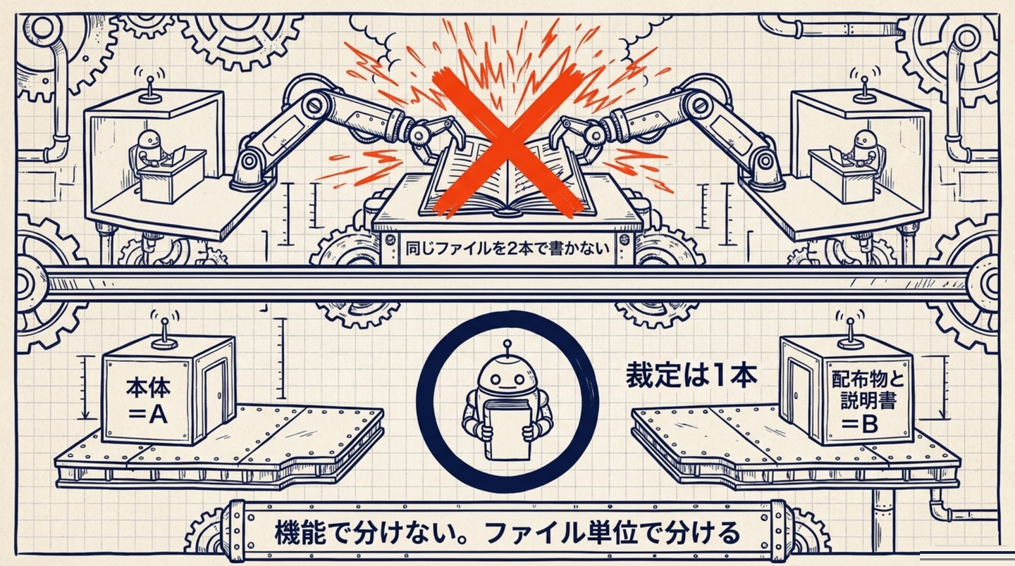 （図6）二手に分ける決まり。上に×＝1つのファイルへ2本のターミナルの腕が同時に伸びて衝突。下に○＝ファイル単位で分け、本体はA、配布物と説明書はB、真ん中に裁定は1本の相談役