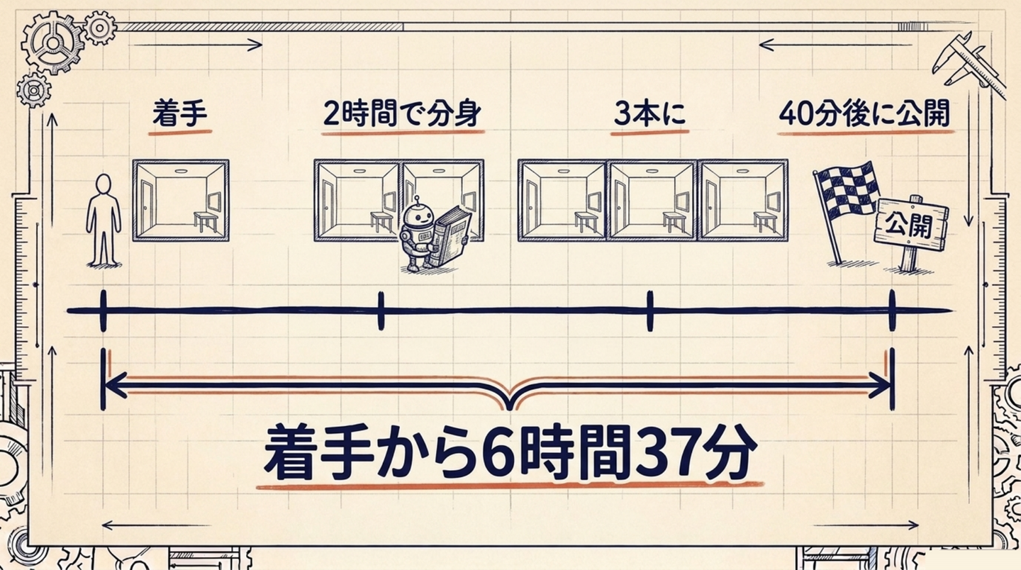 （図7）実例の時間の流れ。着手→2時間で記憶が満杯になり分身→3本に→40分後に公開。全体の幅に「着手から6時間37分」