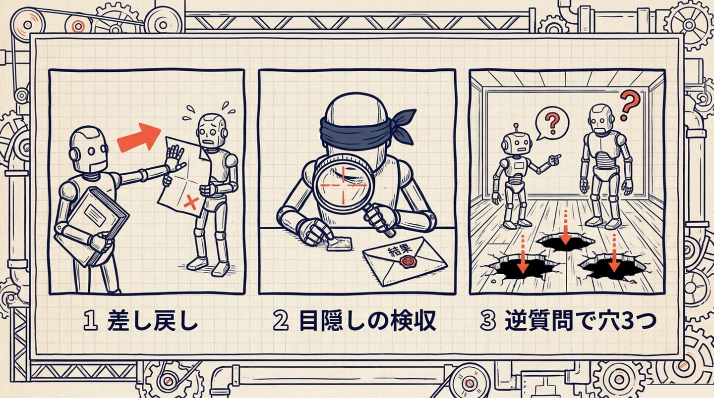 （図8）1本だけなら起きなかった3つ。差し戻し＝帳面を抱えた相談役が新しい頭の案を押し返す。目隠しの検収＝目に布を巻いたロボットが検査し、結果の封筒は閉じたまま。逆質問＝新世代の質問で前世代の足元に穴が3つ