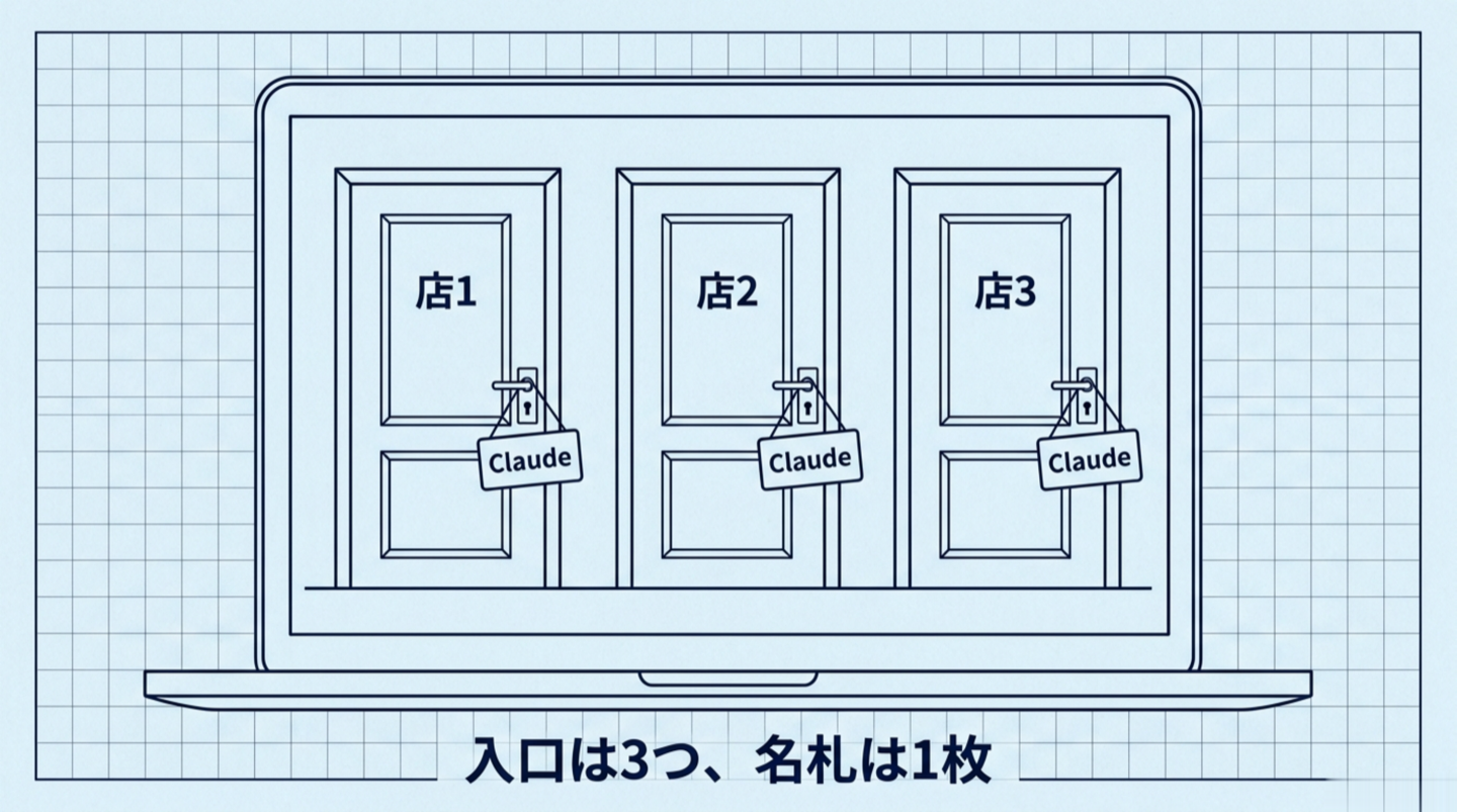 1台のパソコンの中に3つの扉。どの扉の中にも同じ1枚の名札