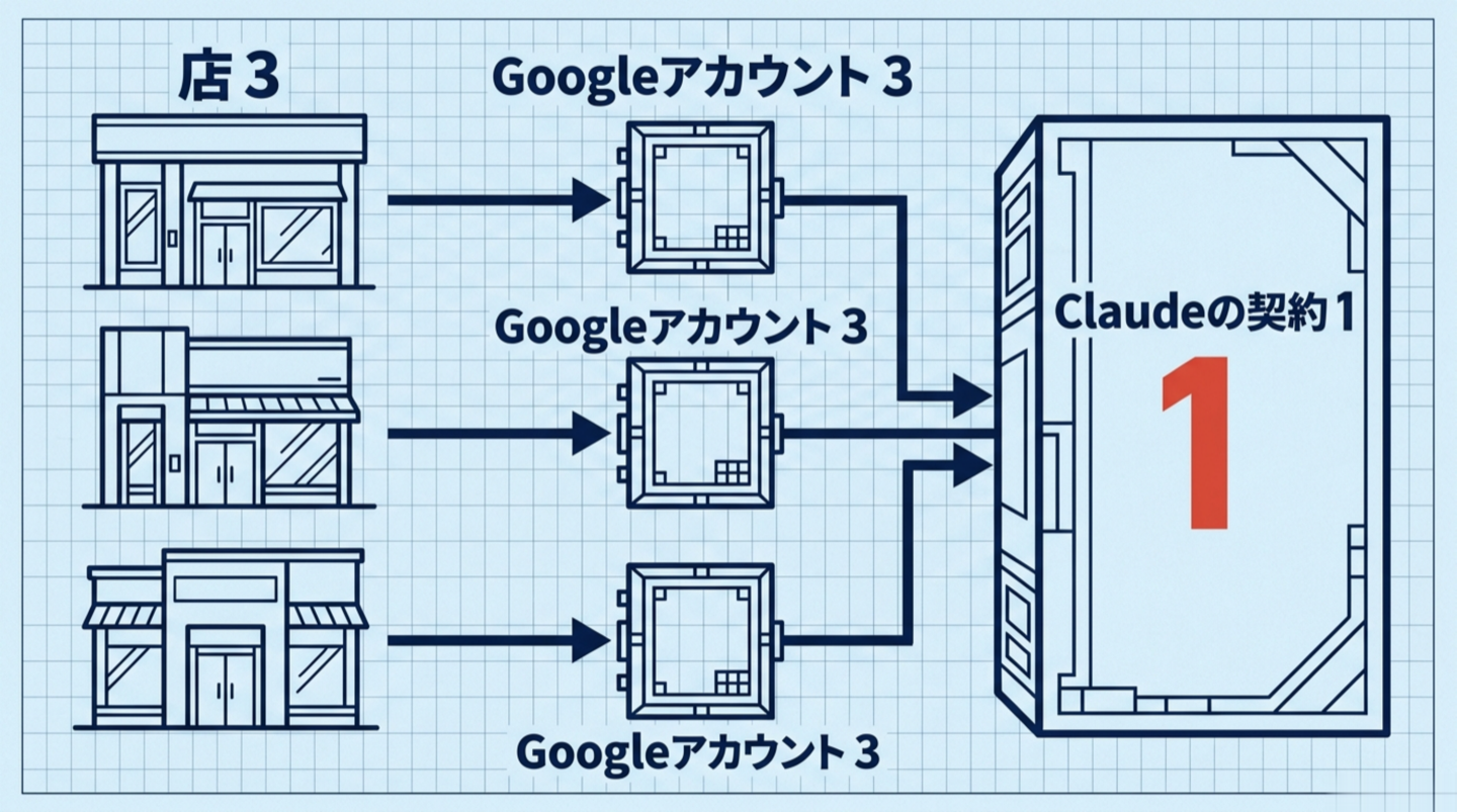 店が3つ、Googleアカウントが3つ、Claudeの契約は1つ