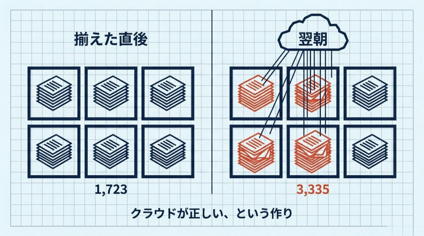 6つの箱に同じ束を配ったが、翌朝クラウドの分が混ざり戻った