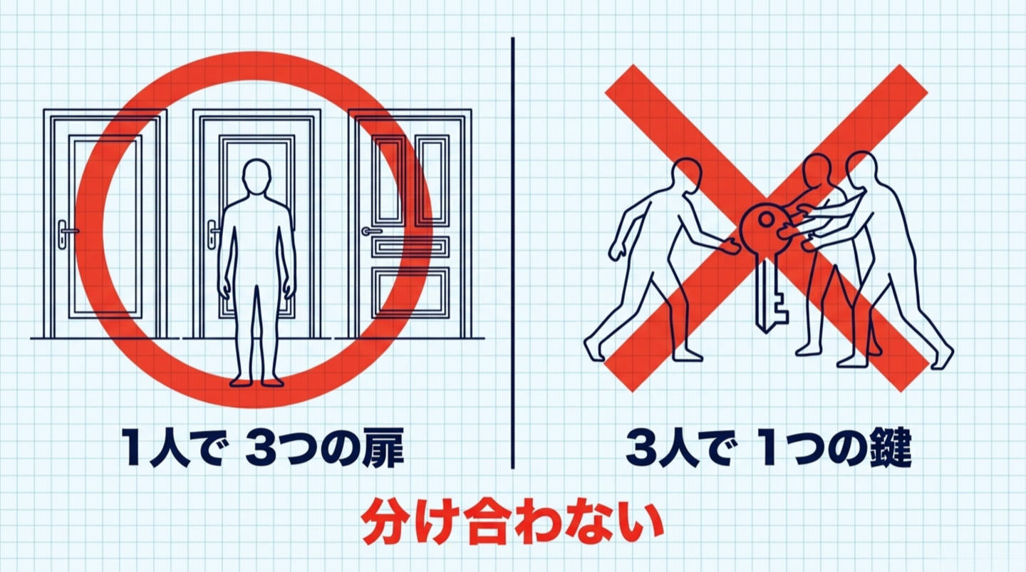 1人が3つの扉で使うのは可。3人で1つの鍵を回すのは不可