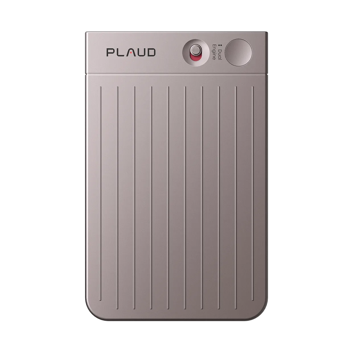 PLAUD NOTEの本体。名刺サイズの薄い金属の板で、上部に録音ボタンとマイク、表面に細い縦の溝が並んでいる