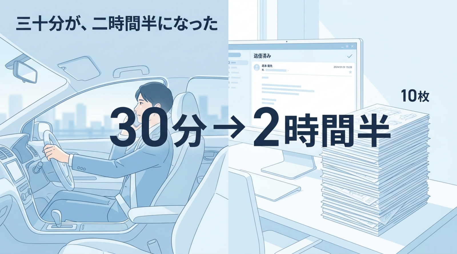 左は車の中で一人でスマホに向かって話している人、右は机に積まれた十枚の紙と送信済みメール。中央に大きく「30分 → 2時間半」
