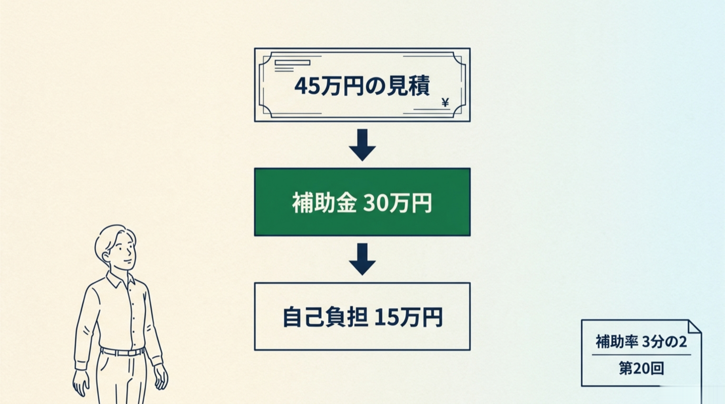 45万円の見積から補助金30万円が返り、自己負担が15万円になる三段の流れを、補助率3分の2の注記とともに描いた図