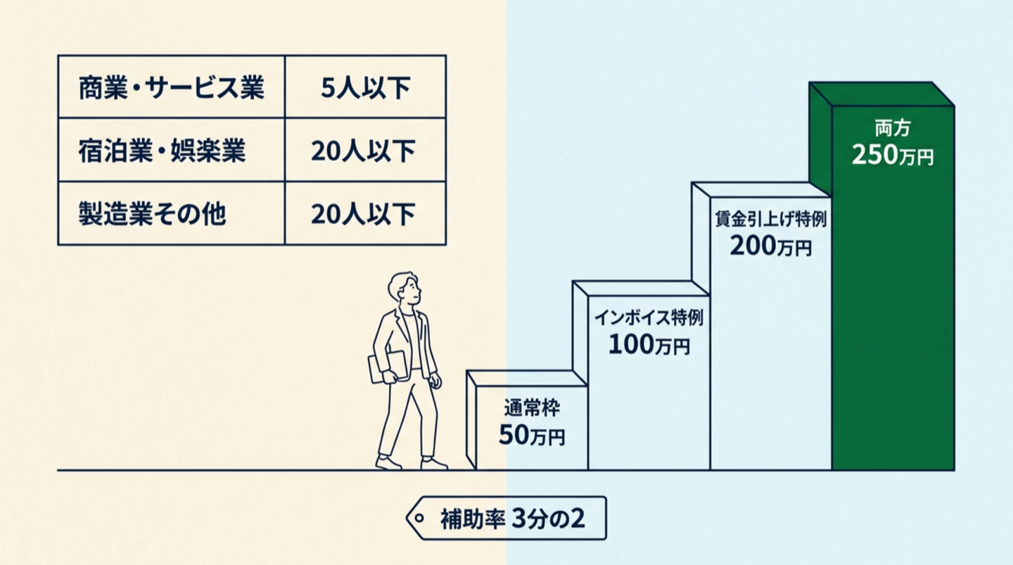 左に業種と従業員数の表、右に通常枠50万円からインボイス特例・賃金引上げ特例を経て両方250万円まで上がる四段の階段を描き、下に補助率3分の2の札を置いた図