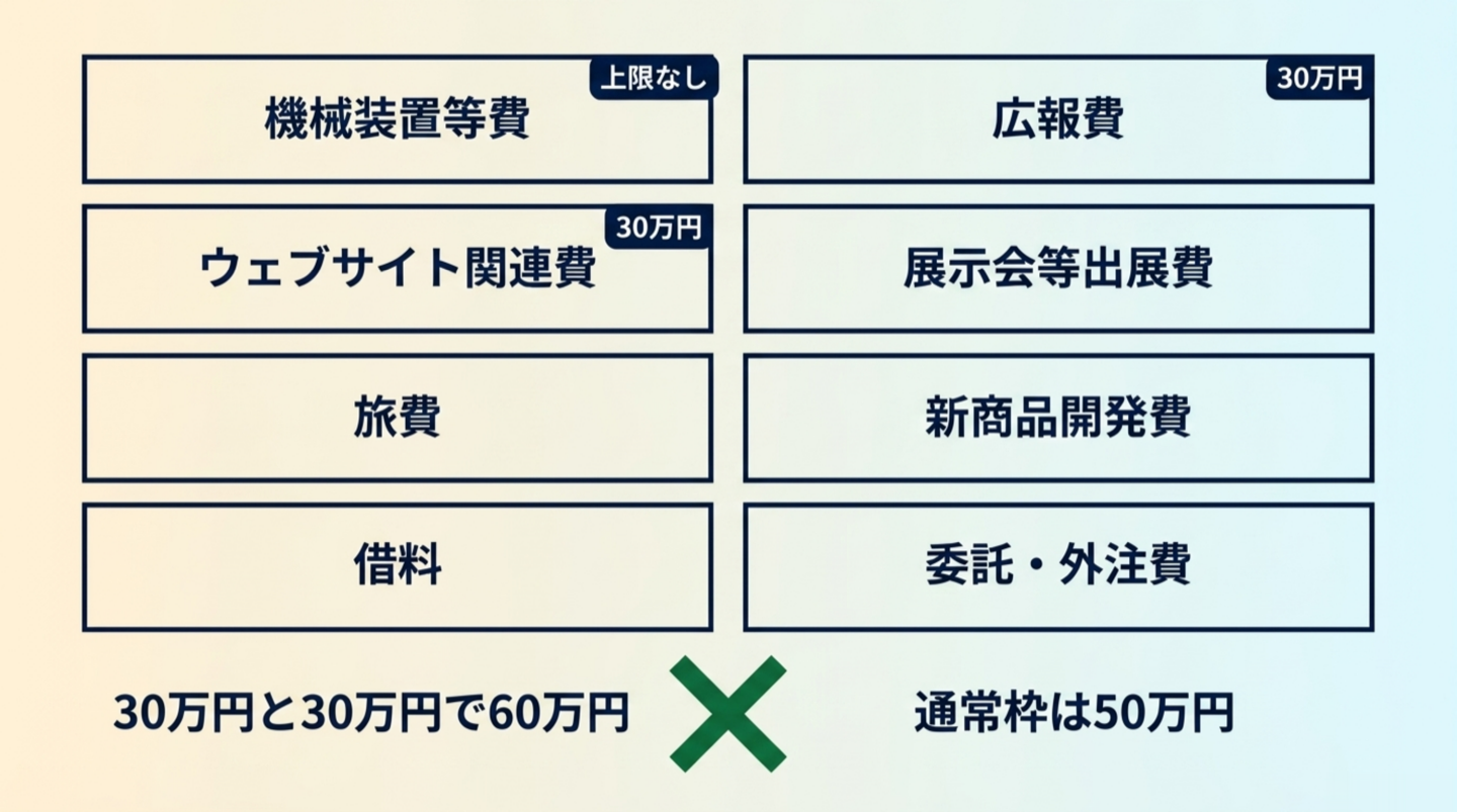 八つの費目を並べた地図。ウェブサイト関連費と広報費に30万円、機械装置等費に上限なしの札が付き、下に30万円と30万円で60万円と通常枠は50万円を並べて入りきらないことを示した図