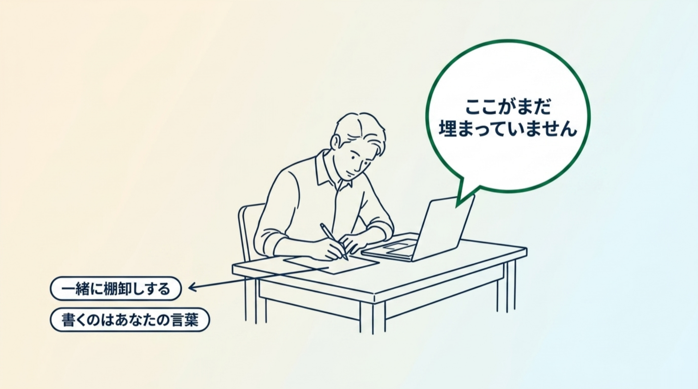 机に向かって紙に書いている経営者と、ノートパソコンの画面から出た吹き出しにここがまだ埋まっていませんと書かれ、手元から一緒に棚卸しする・書くのはあなたの言葉へ矢印が伸びる図