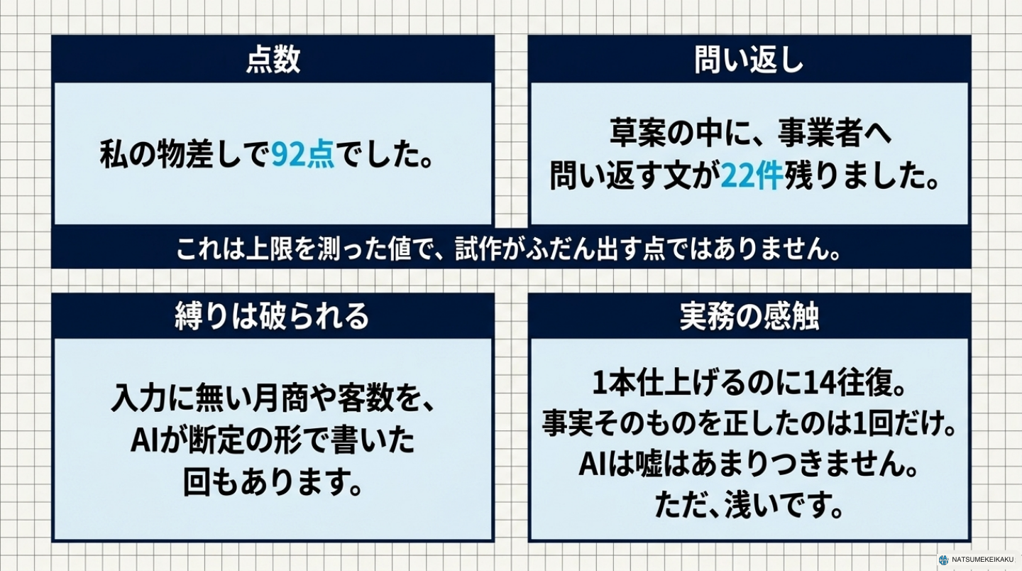 内部の物差しによる92点と問い返し22件。入力にない数字を書いた失敗や、14往復の実務例もある。