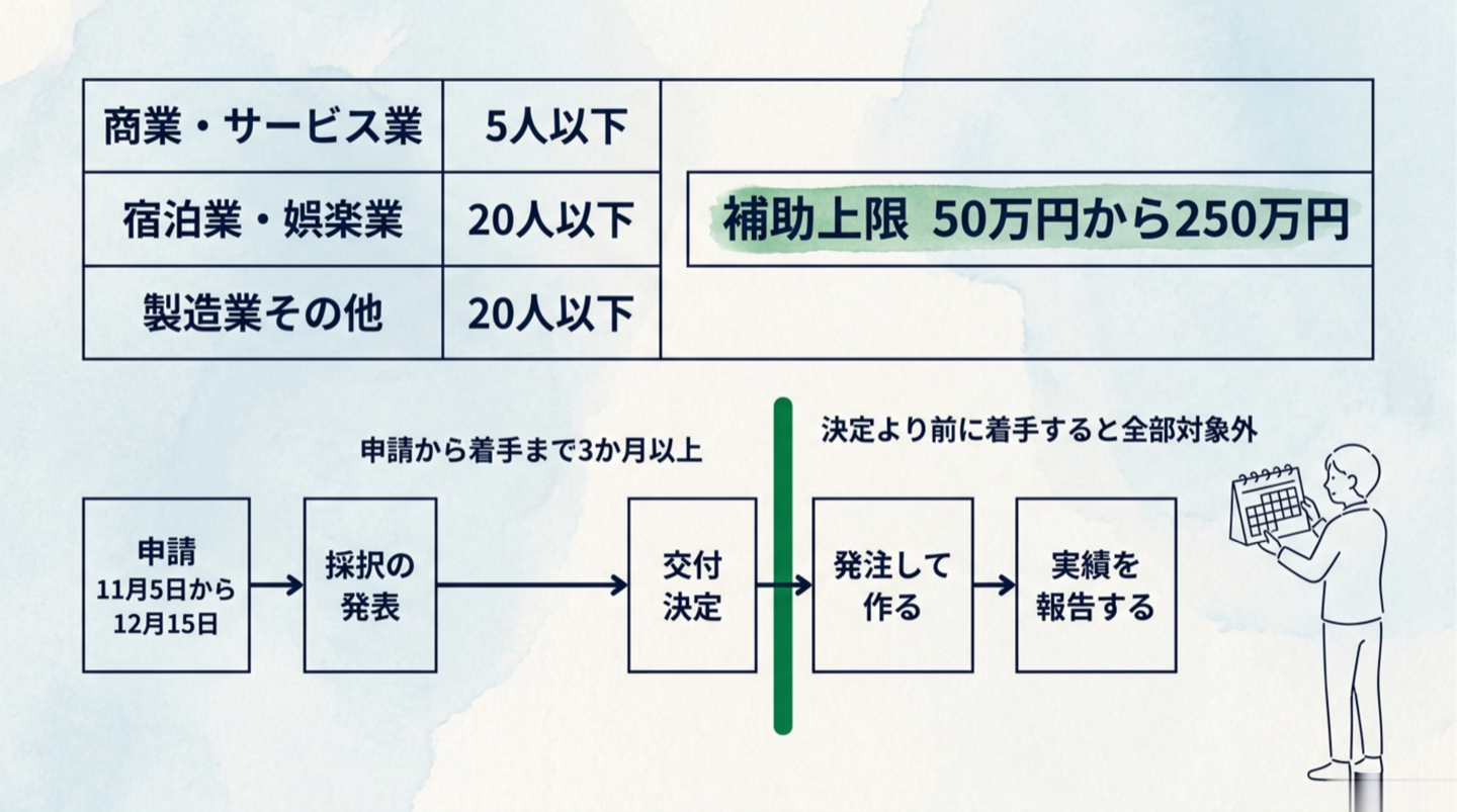 事業計画を書くから実績報告までの六段を並べ、申請と採択発表のあいだが約三か月の待ち、交付決定と発注のあいだに太い縦線を引いてここより前に着手すると全額対象外と示した図