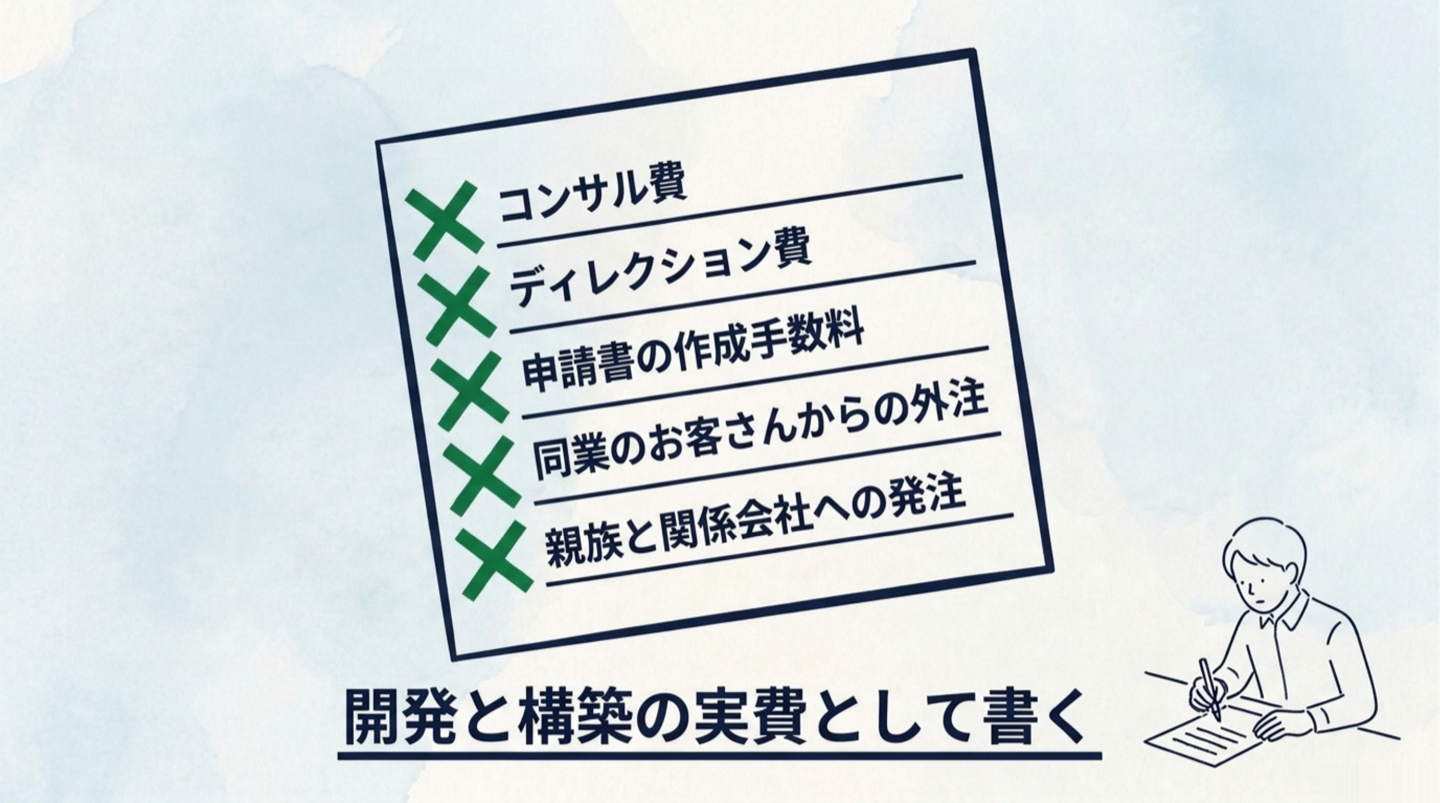 コンサル費・ディレクション費・申請書の作成手数料・同業への外注・親族への発注が、いずれも補助対象外として×印で示された図