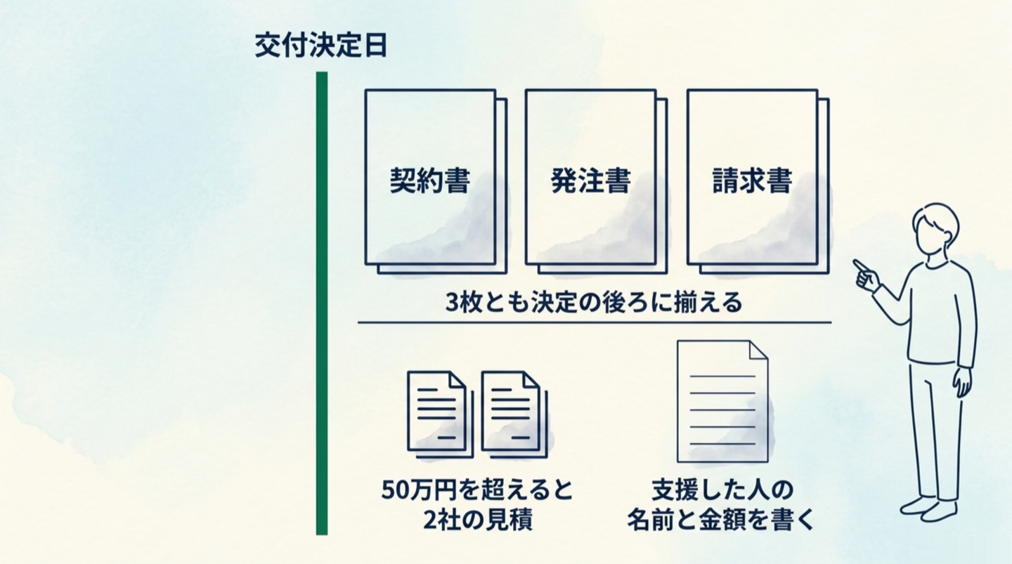 交付決定日の縦線の右側に契約書・発注書・請求書の三枚が並び、三枚とも決定の後ろに揃えると示される。下に50万円を超えると2社の見積、支援した人の名前と金額を書く、が並ぶ図