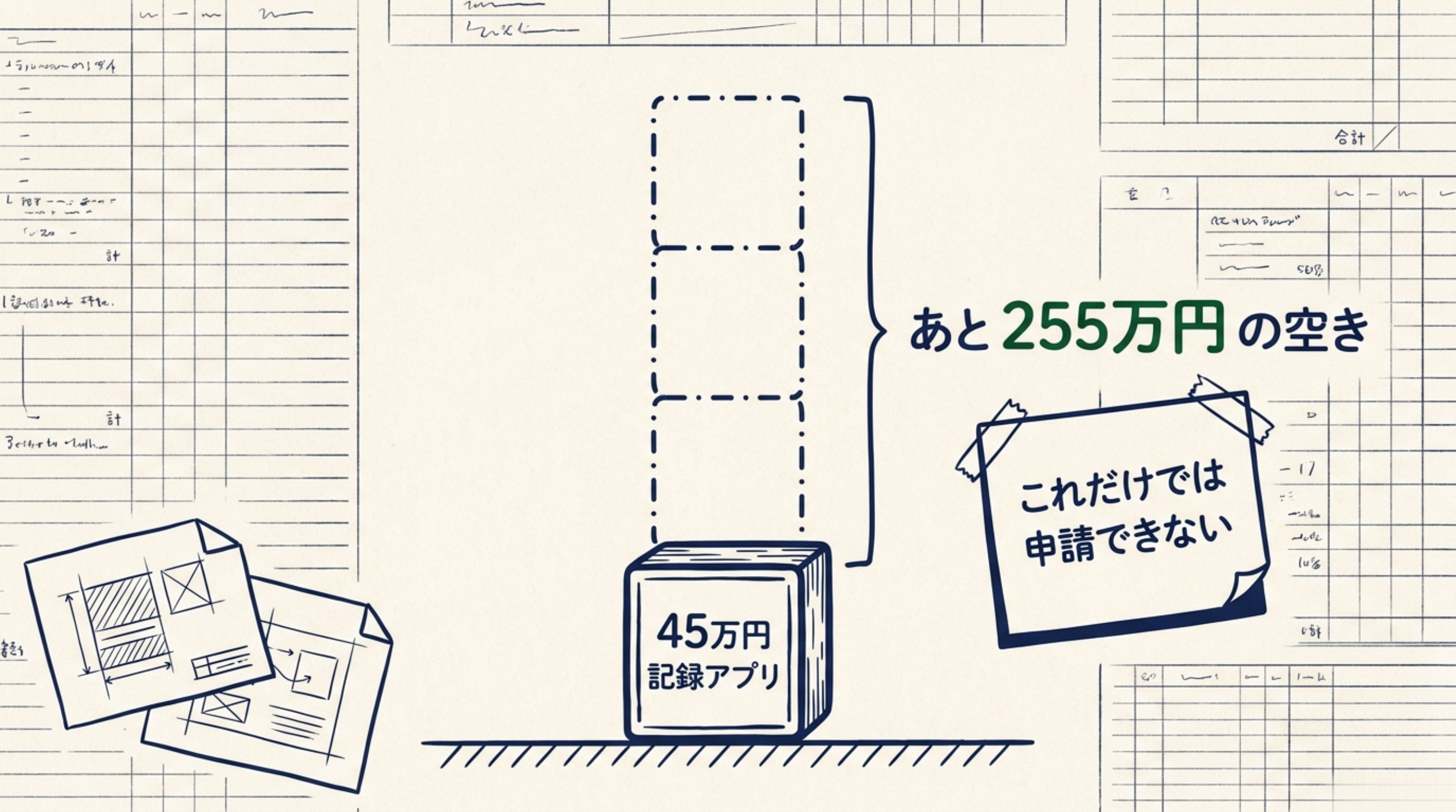 45万円と書かれた記録アプリの箱が1つだけ置かれ、その上に「あと255万円の空き」が点線で示され、「これだけでは申請できない」の付箋が貼られた図