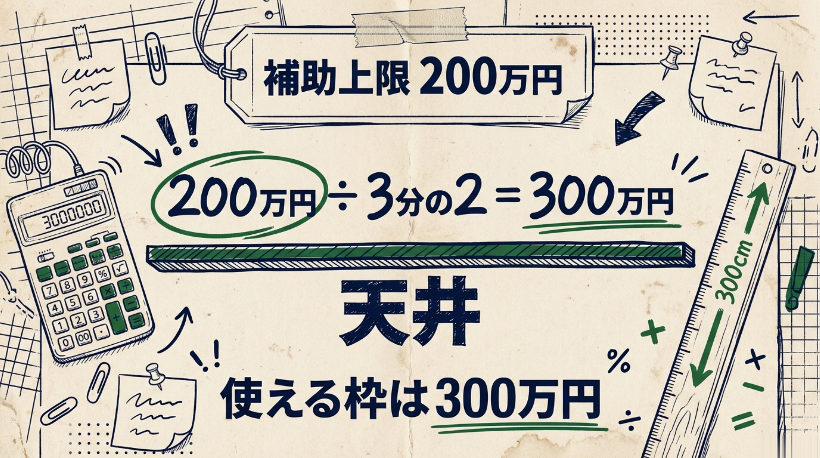 「補助上限200万円」の札の下に「200万円 ÷ 3分の2 ＝ 300万円」の計算式があり、その下に天井をあらわす太い横線と「使える枠は300万円」と書かれた図