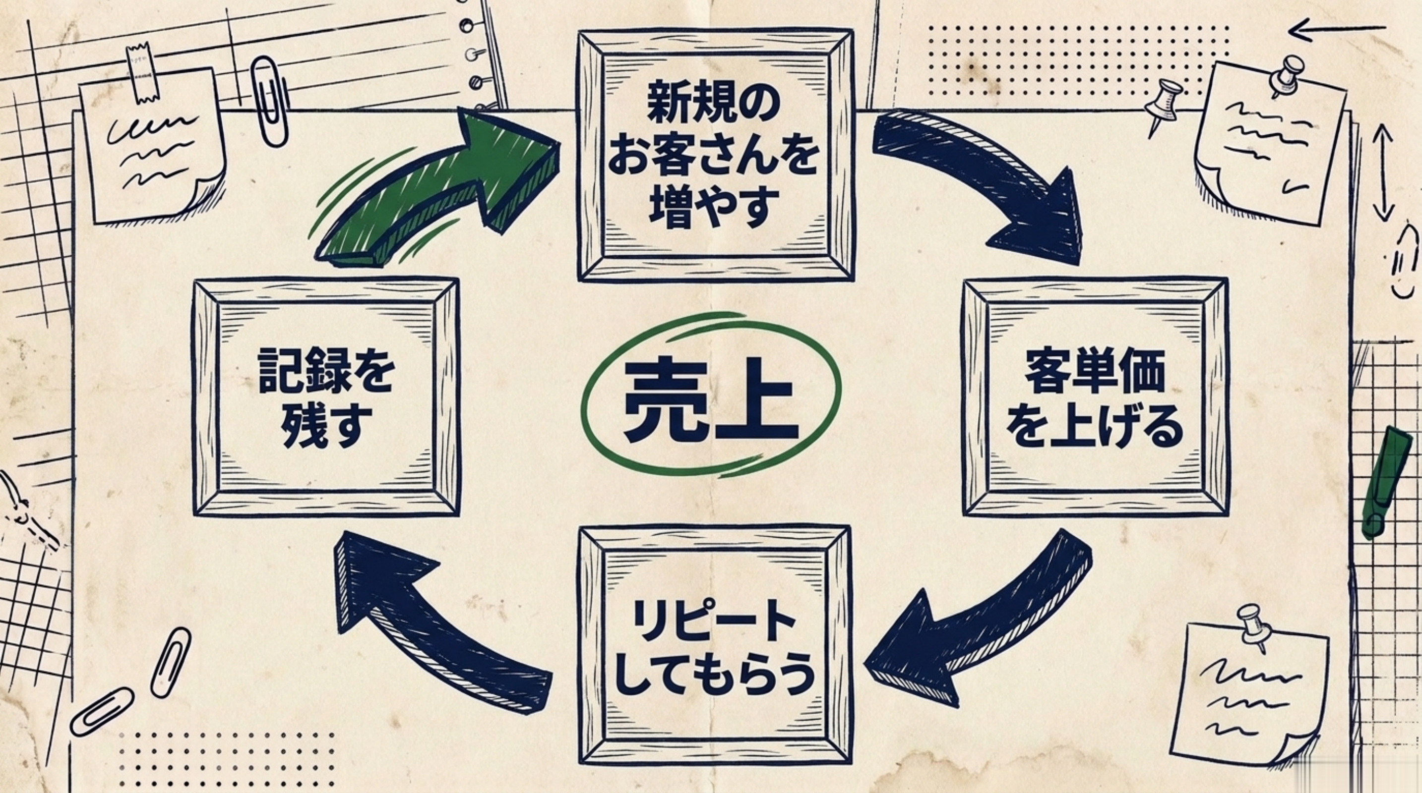 「新規のお客さんを増やす」「客単価を上げる」「リピートしてもらう」「記録を残す」の4つの箱が矢印で時計回りの輪になり、中心に「売上」と書かれた図