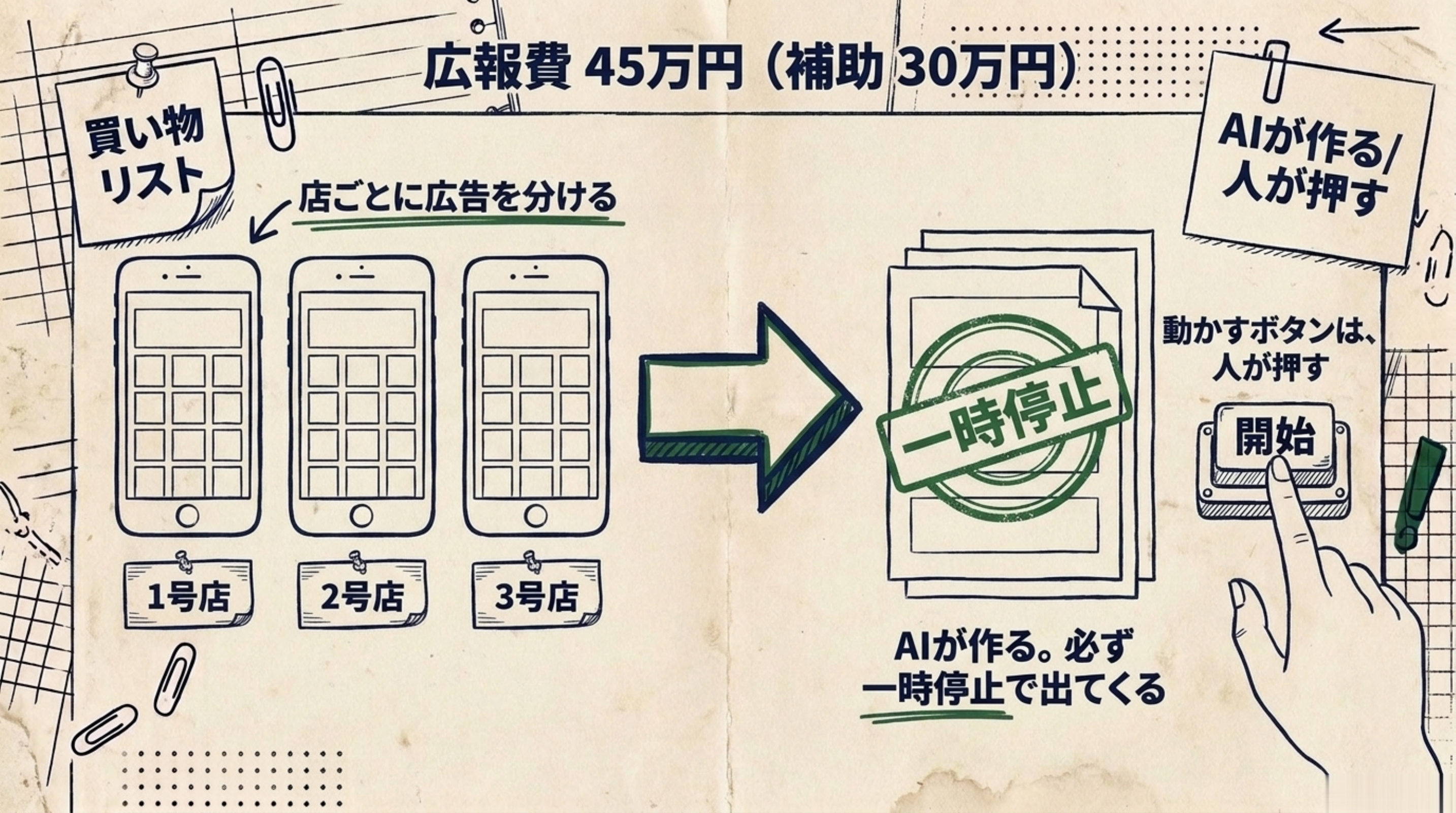 「広報費45万円（補助30万円）」の見出しの下に、1号店・2号店・3号店の3台のスマホが並び、右に「一時停止」の判が押された広告の下書きと、開始ボタンに指を置いた手が描かれた図