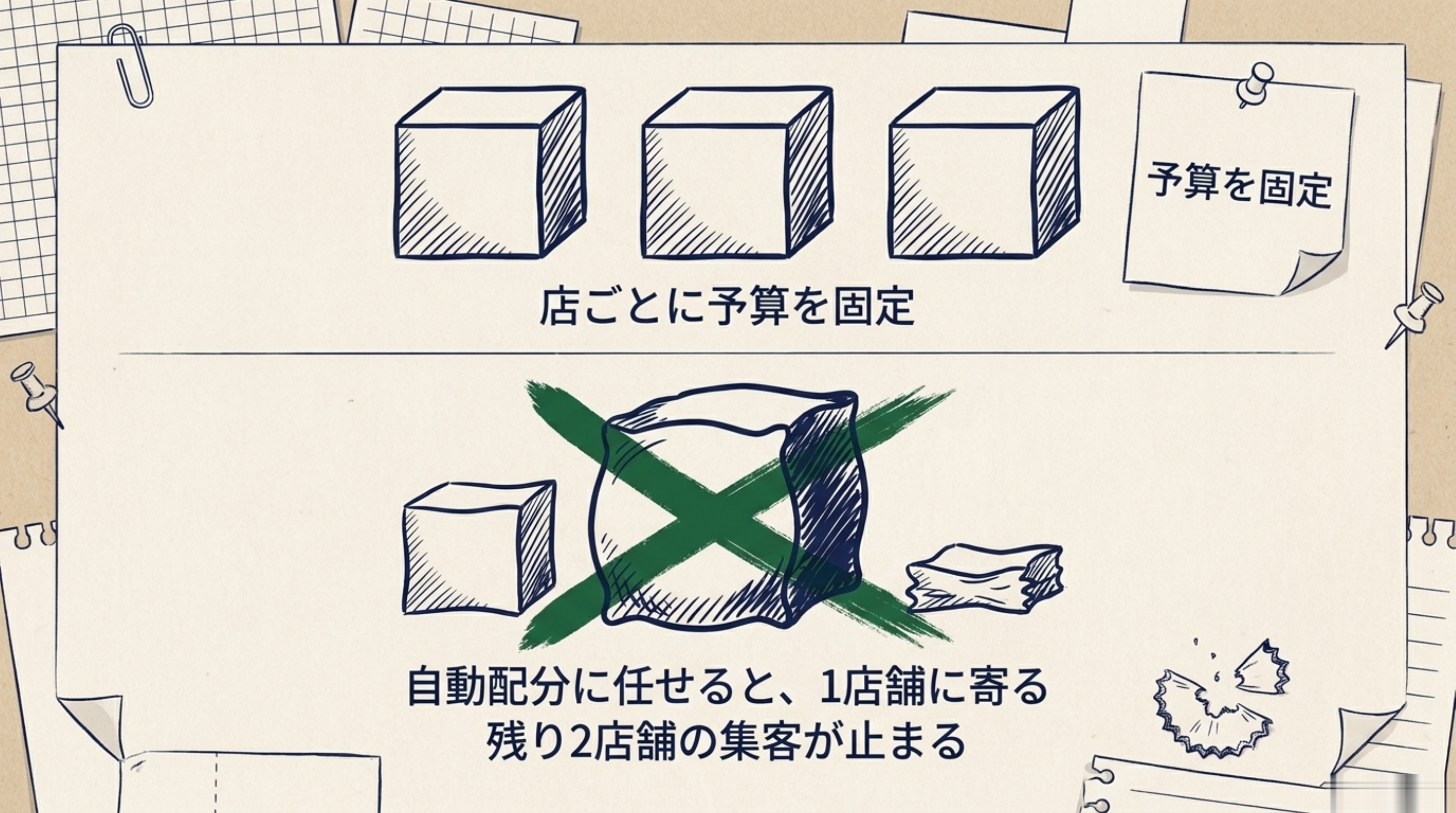 上段は3つの箱が同じ大きさで並び「店ごとに予算を固定」、下段は1つに寄って両隣がしぼんだ絵に大きな×印があり「自動配分に任せると、1店舗に寄る／残り2店舗の集客が止まる」と書かれた図