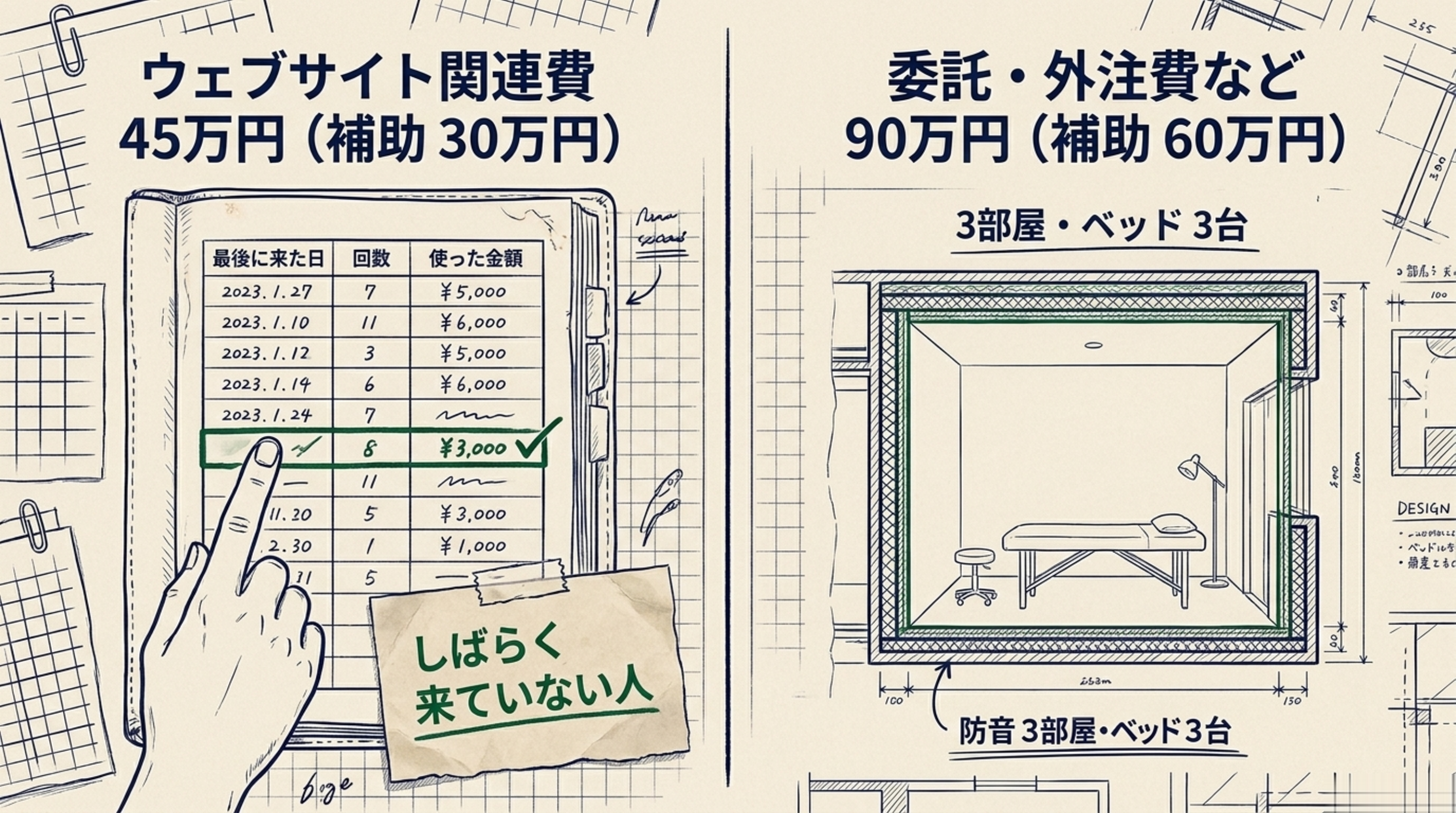 左は「最後に来た日・回数・使った金額」の3列がある名簿を指で示している図で「しばらく来ていない人」の付箋つき。右は壁が厚く描かれた個室の断面図にベッドが1台あり「防音3部屋・ベッド3台」と書かれている