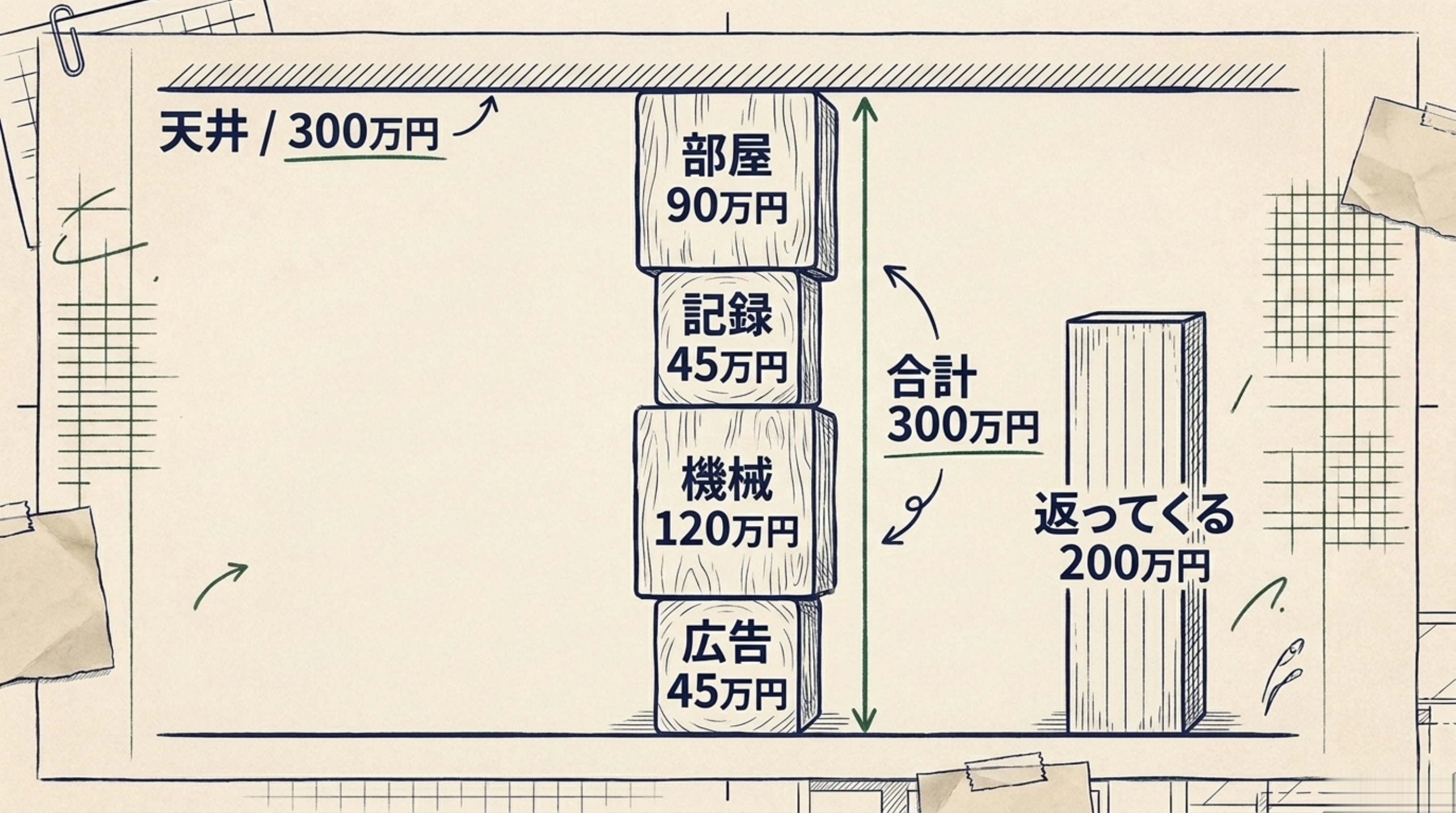 広告45万円・機械120万円・記録45万円・部屋90万円の4つの箱を積み上げた積み木のてっぺんが、天井をあらわす横線にぴったり接している図。横に「合計300万円」と「返ってくる200万円」の柱がある