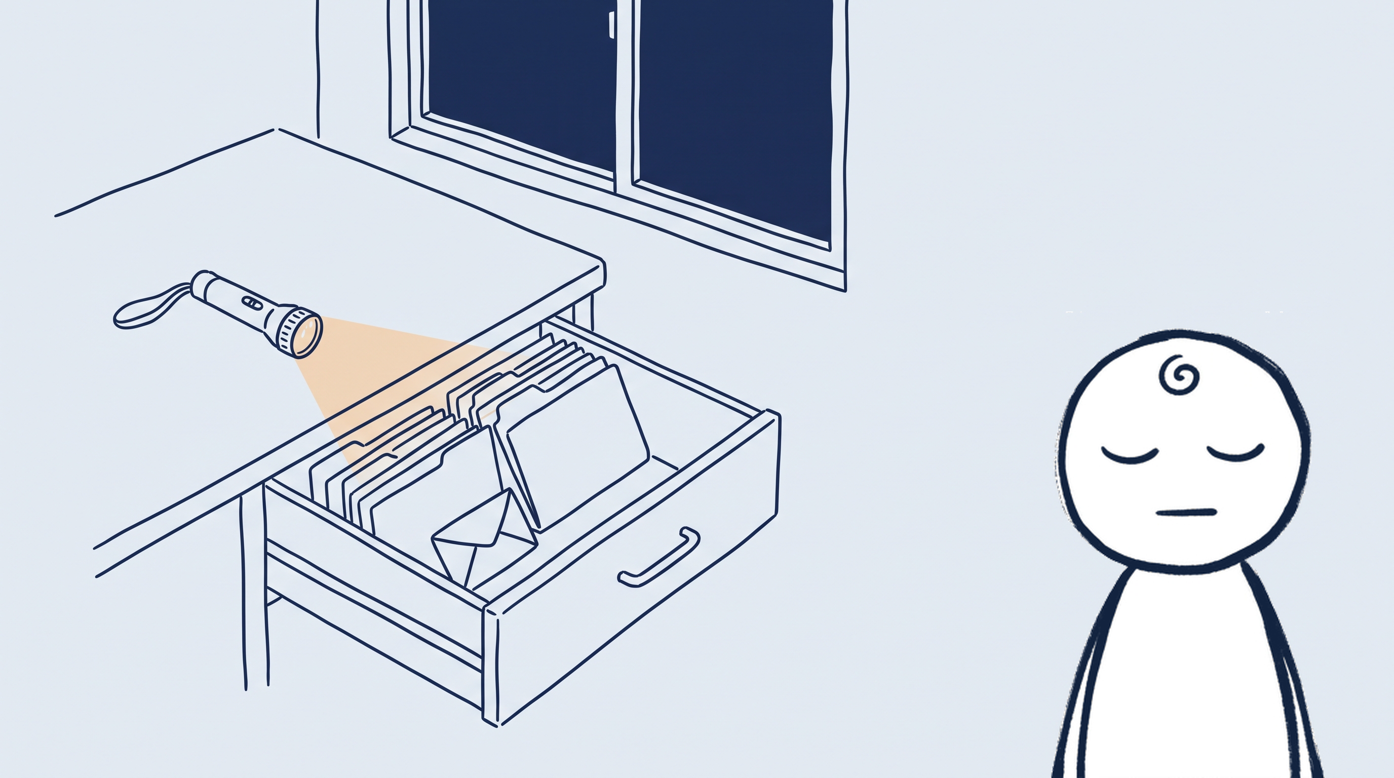 開いた引き出しの中を、小さな懐中電灯が照らしている。奥の窓は暗いまま。男の子が目を閉じて立っている