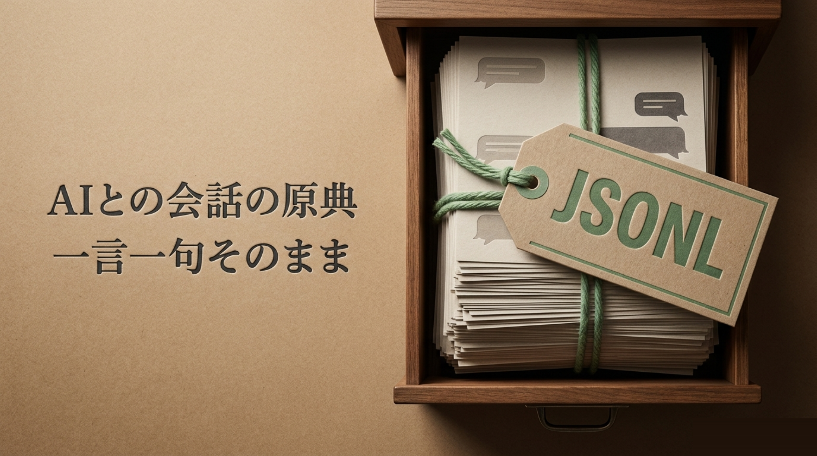 パソコンの引き出しの奥に、会話の吹き出しが書かれた紙が高く積もっている。束にはJSONLの荷札
