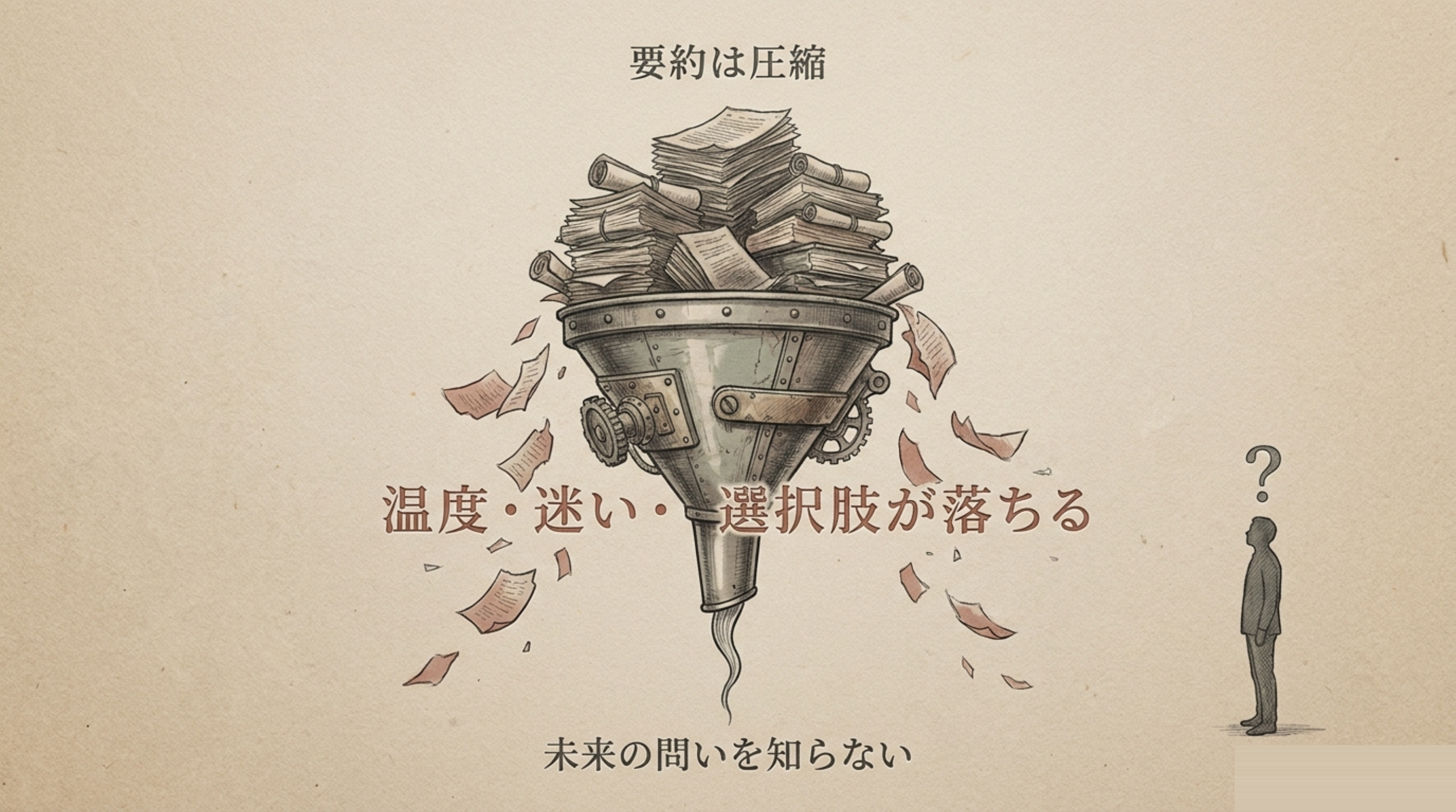 大きな書類の山が漏斗で細く圧縮され、こぼれ落ちる紙片に温度・迷い・選択肢。傍らで半年後の人が首をかしげている