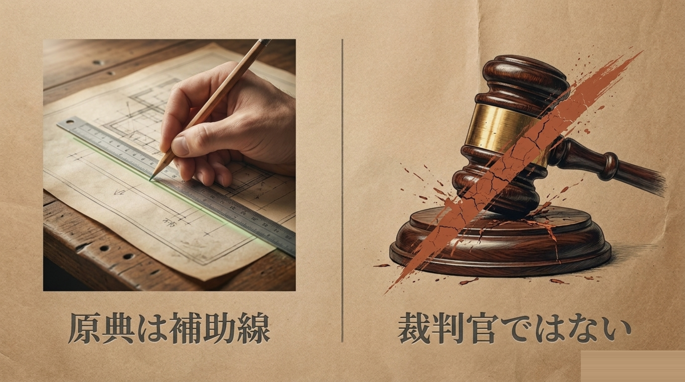 左は定規と鉛筆で図面に補助線を引く手。右は斜線で打ち消された裁判官の木槌