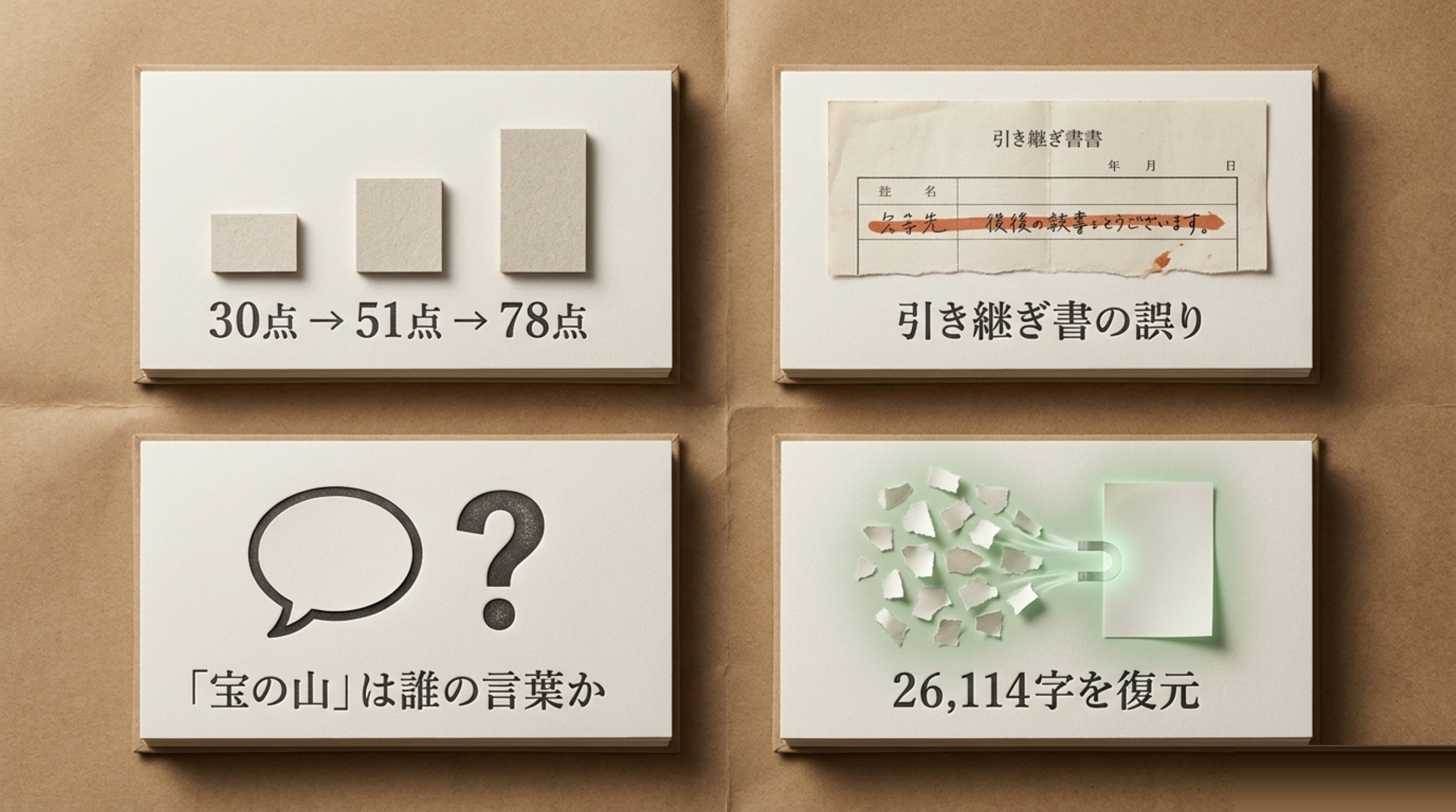 実話4つのカード。30点→51点→78点の階段、赤い訂正線の入った引き継ぎ書、「宝の山」は誰の言葉かの吹き出し、砕けた紙片が1枚に戻る26,114字の復元