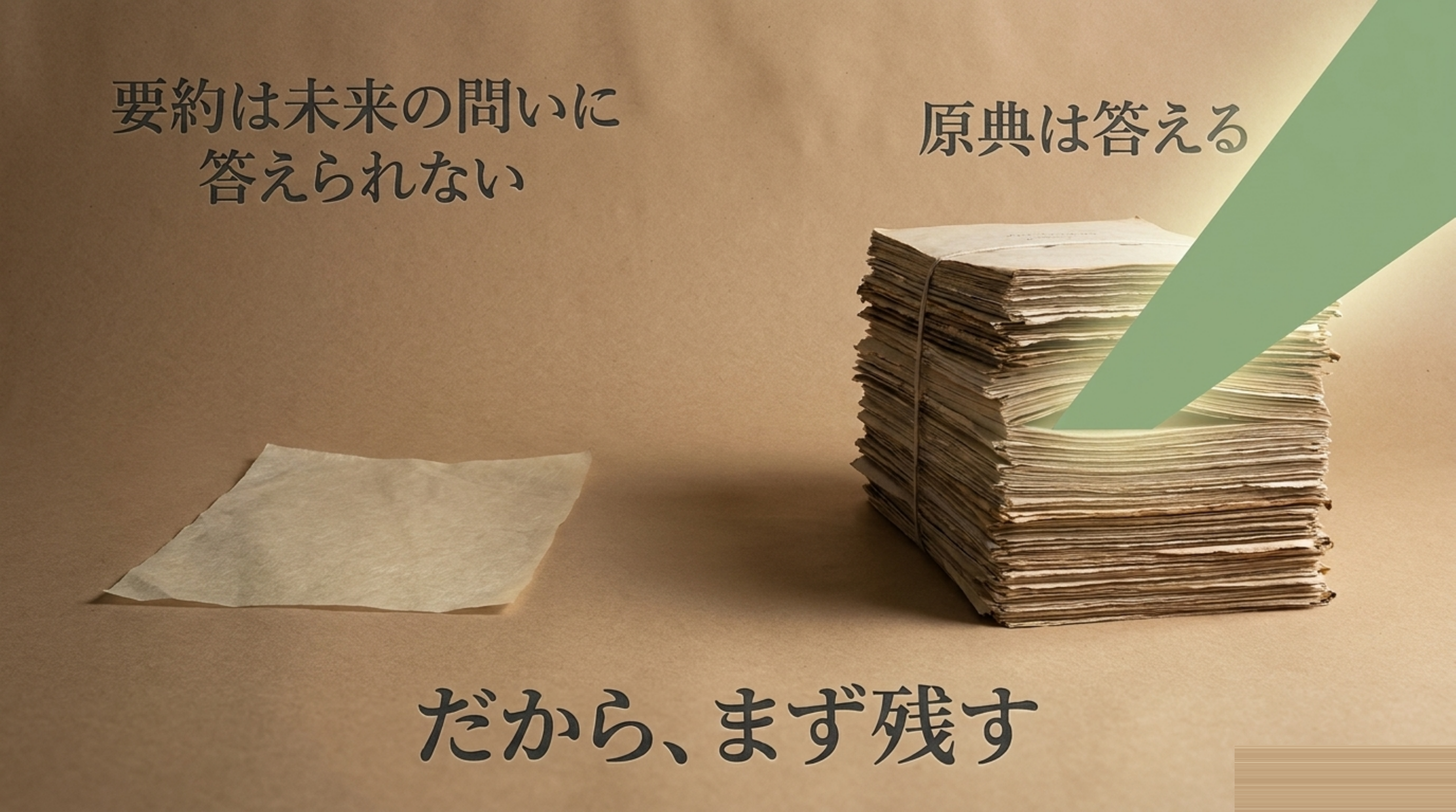 左に薄い要約の紙1枚、右に分厚い原典の束。束から未来へ光が伸びる