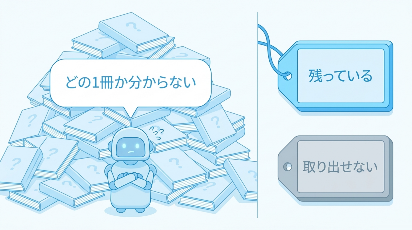 積み上がった帳簿の山を前に、腕組みするAI。どの1冊か分からない