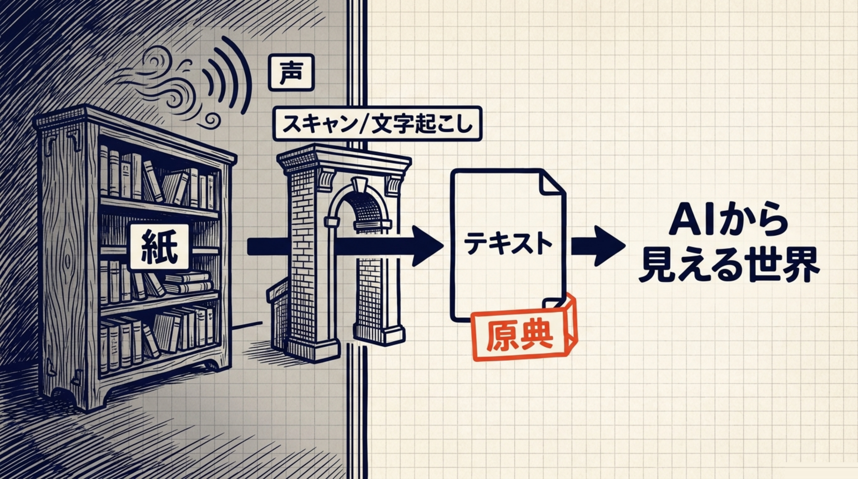 紙と声がテキストになり、AIから見える世界の原典になる図