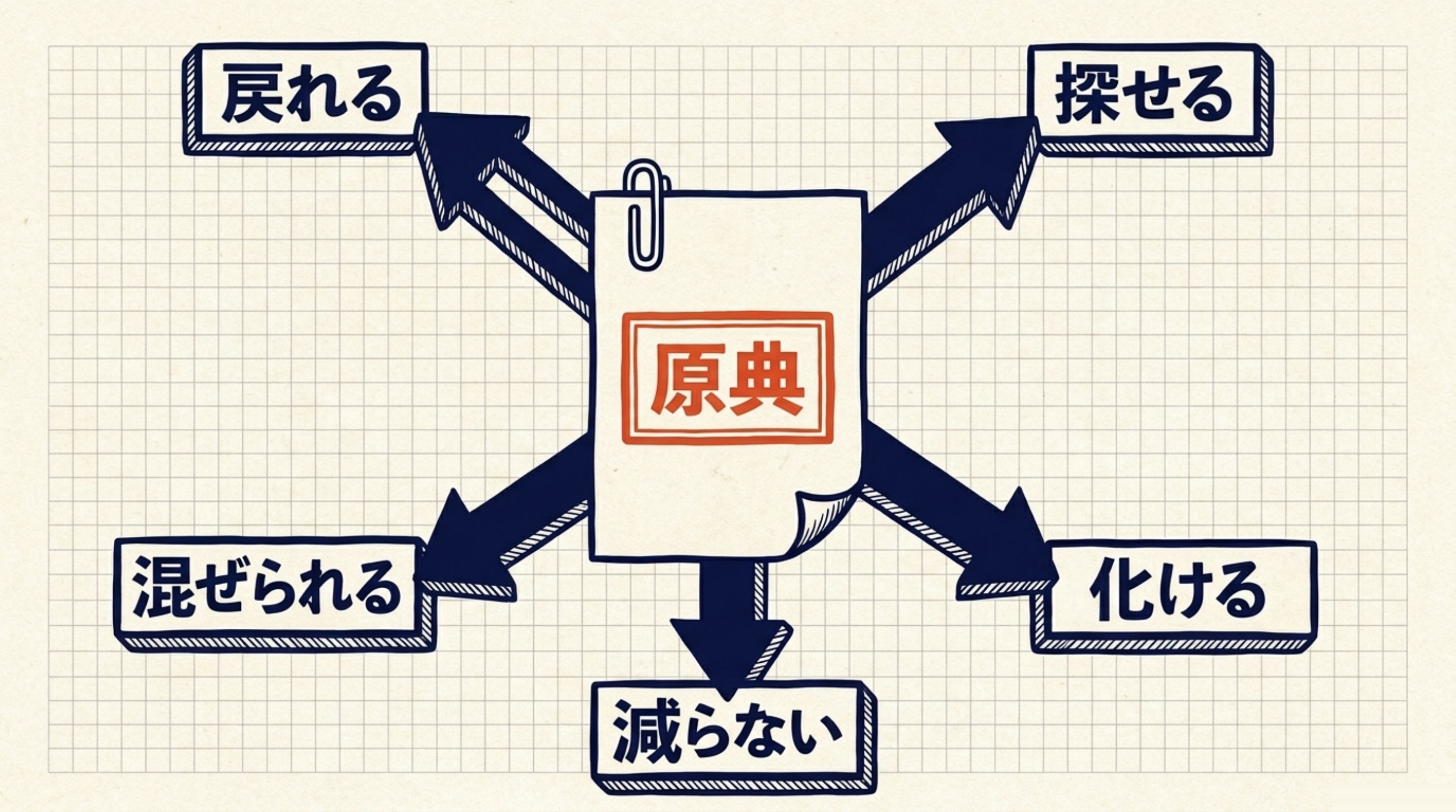 原典から「探せる・化ける・減らない・混ぜられる・戻れる」の5本の矢印が伸びる図