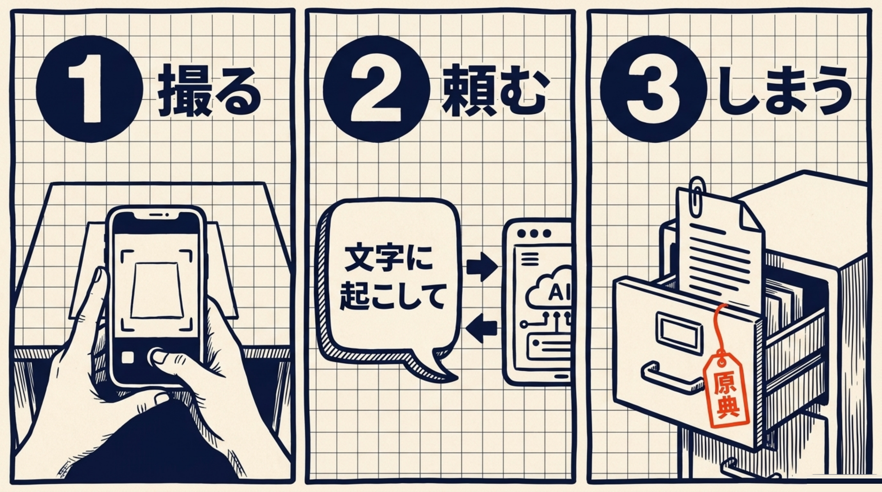 撮る・頼む・しまうの3歩の図