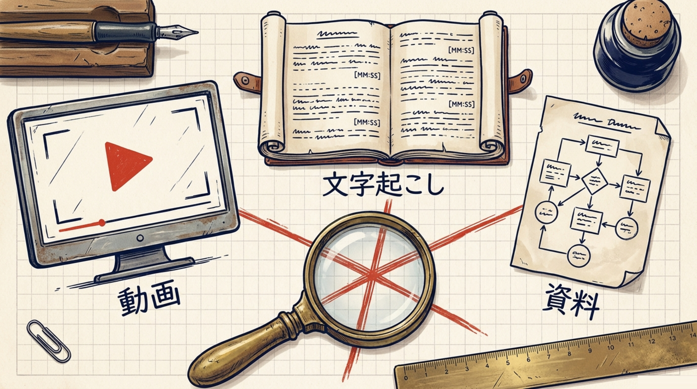 動画と文字起こしと資料を突き合わせる図