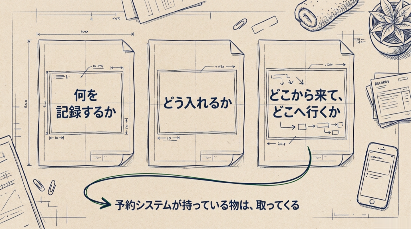 店の記録システムの設計図3枚。何を記録するか、どう入れるか、どこから来てどこへ行くか、が左から右へ並ぶ図