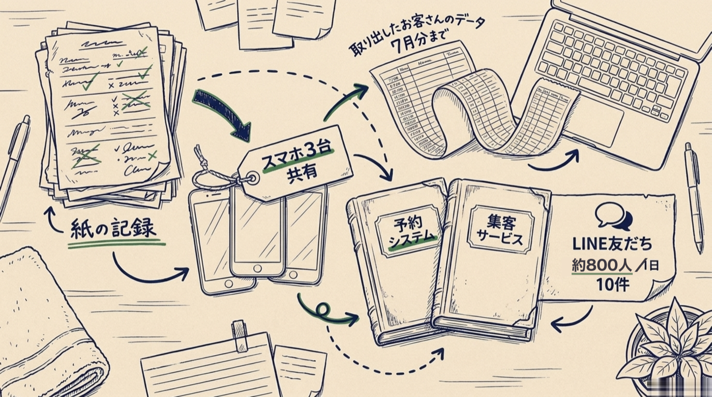 サロンの今の状態。紙の記録、iPhone3台、予約システムと集客サービス、LINEの友だち約800人と1日10件の問い合わせ、そしてAIで取り出したお客さんのデータを並べた図