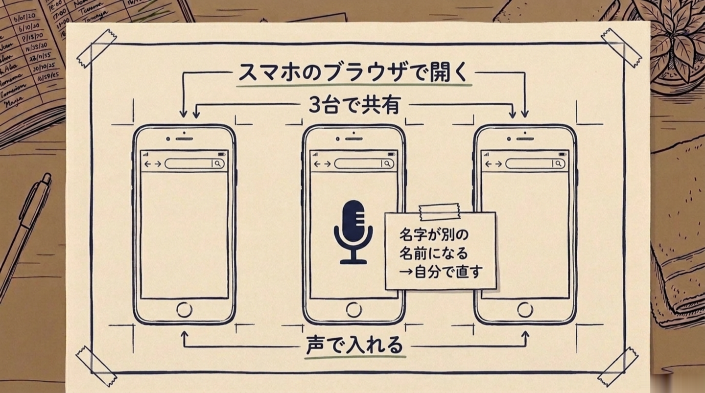 スマホのブラウザで開くウェブアプリを3台のiPhoneで共有し、声で入れる。マイクの横に「名字が別の名前になる」と誤変換の注意書きがついた図