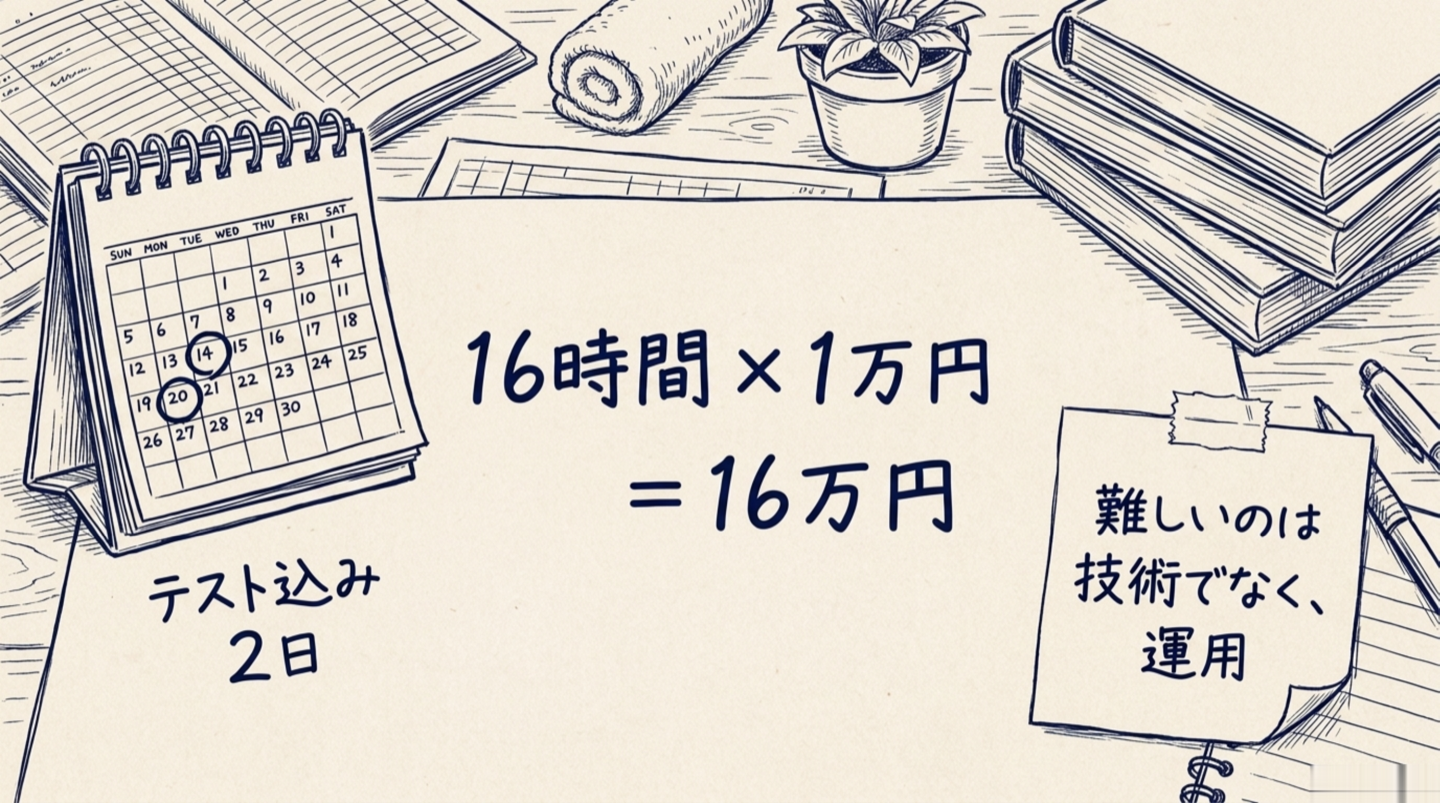 工数の見立て。記録の本体だけならテスト込み2日、16時間、時給1万円で原価16万円。その横に「難しいのは技術でなく運用」と書かれた図