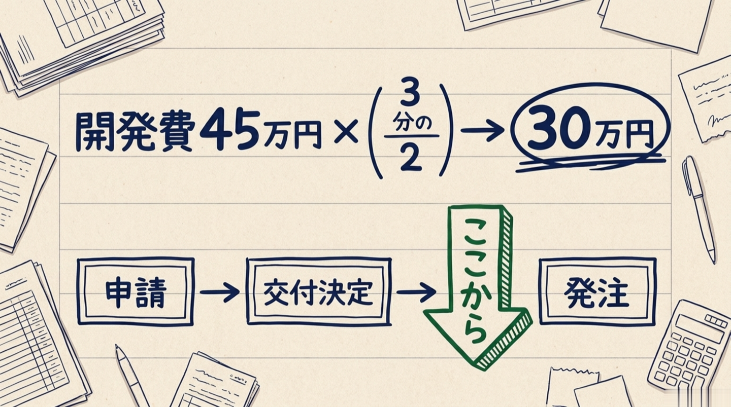 補助金の計算。経費45万円に補助率3分の2で30万円が出る。順番は申請が先で、発注は交付決定の後、と矢印で示した図