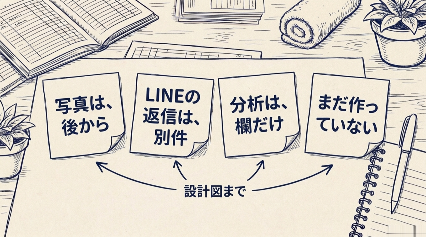 設計図から外した4つ。写真は後から、LINEの自動返信は別件、分析は欄だけ、まだ作っていない、を並べた図