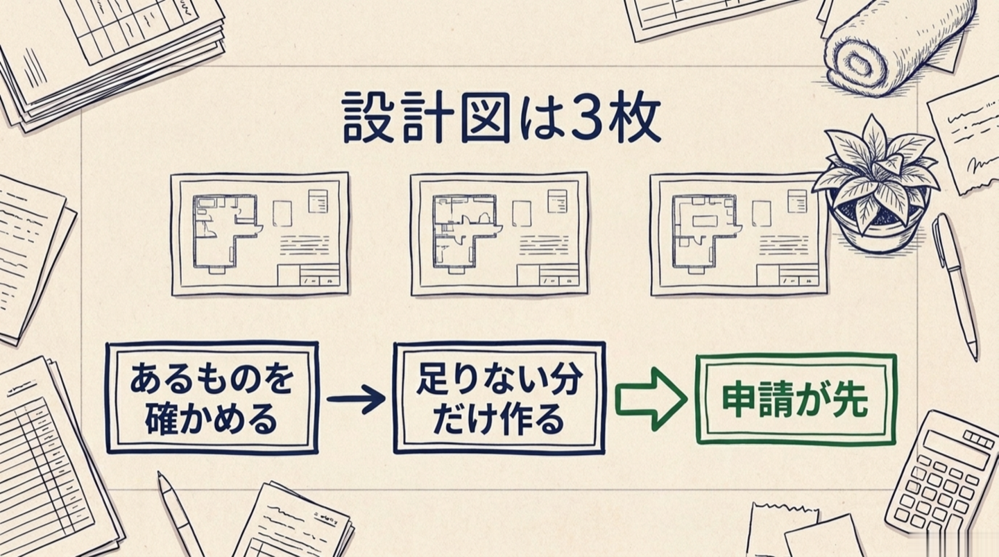 まとめ。3枚の設計図と、あるものを確かめる、足りない分だけ作る、申請が先、の3つの順番を1枚にした図