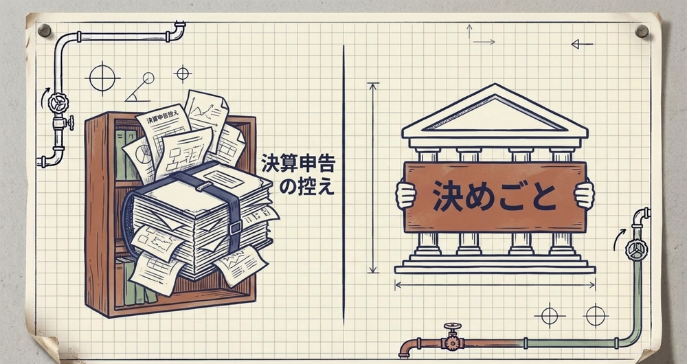 計画書に要る書類のありか。自分の書類棚には、決算申告の控えとして決算書・借入金内訳書・会社の概況の書類がひとまとめに綴じてある。銀行にあるのは、制度や計画の年数という決めごとだけ