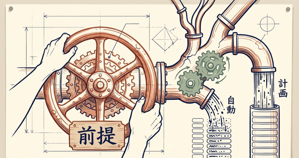 真ん中の弁を経営者の手が回している。前提を置いた瞬間、その先は自動で各年の数字が展開され、指標の計画列まで逆算で埋まる