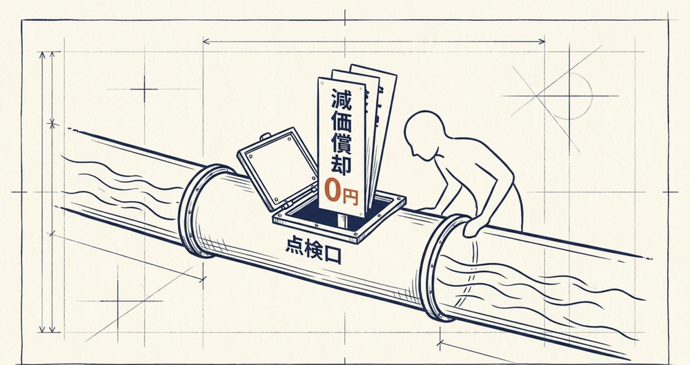 配管の途中にある点検口を開けると、減価償却0円という札が3期分出てくる。配管を繋ぐだけでは見つからないものが、ここから見つかる