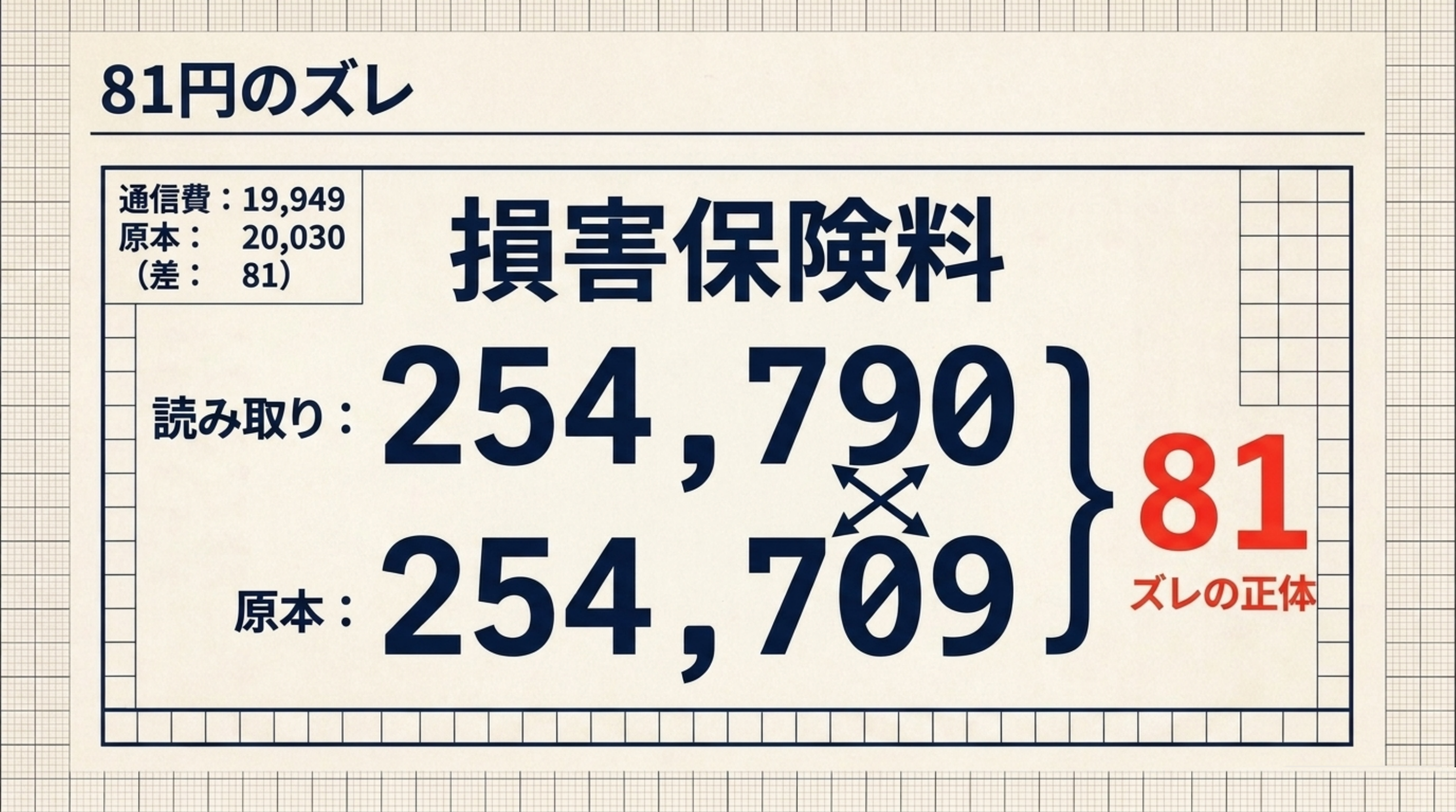 81円のズレの正体。損害保険料の読み取り値254,790に対し、原本は254,709。末尾の90と09が入れ替わっており、差はちょうど81円だった